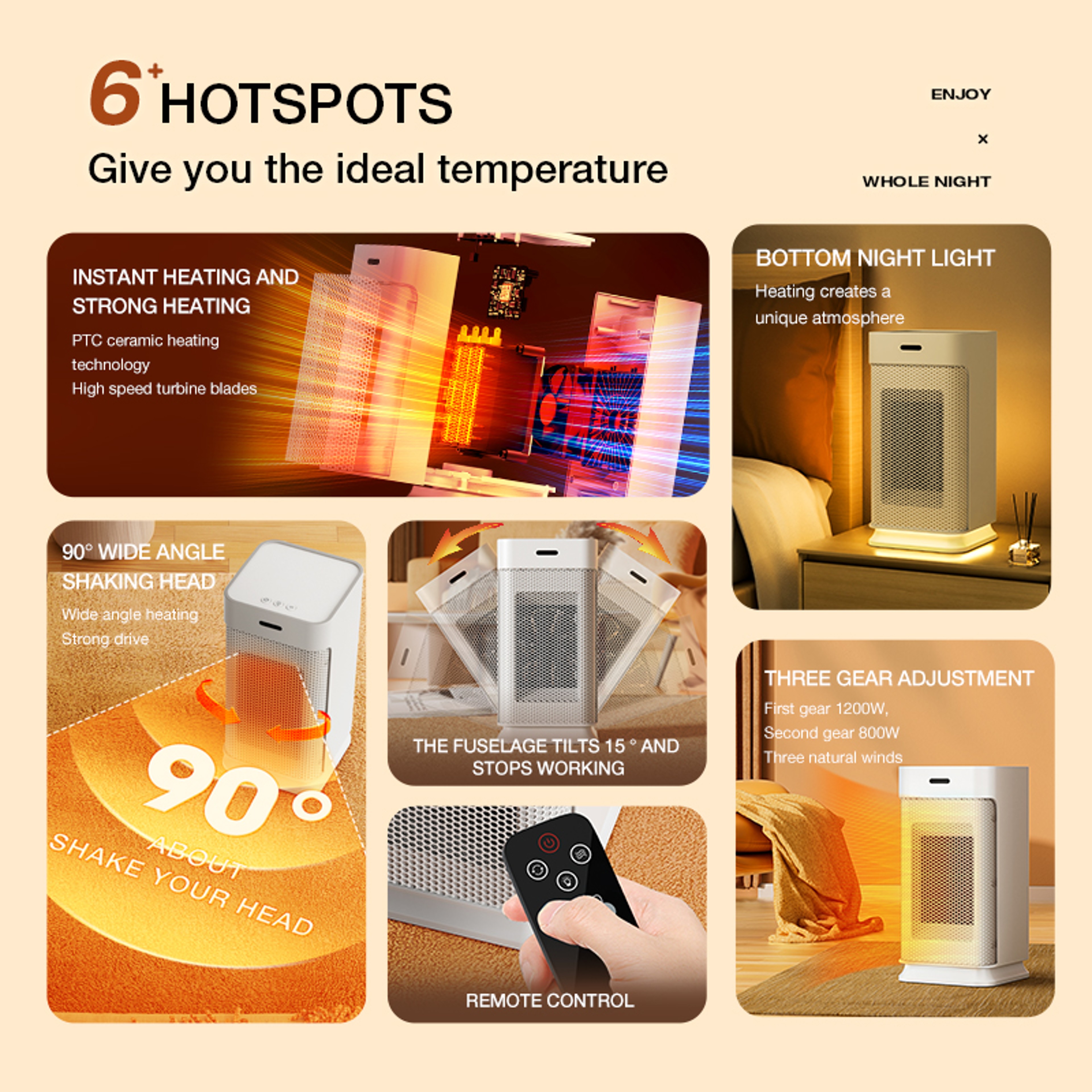 Portable PTC Ceramic Electric Heater Multi Stage Adjustment Silent Small Household Fan With Night L 6