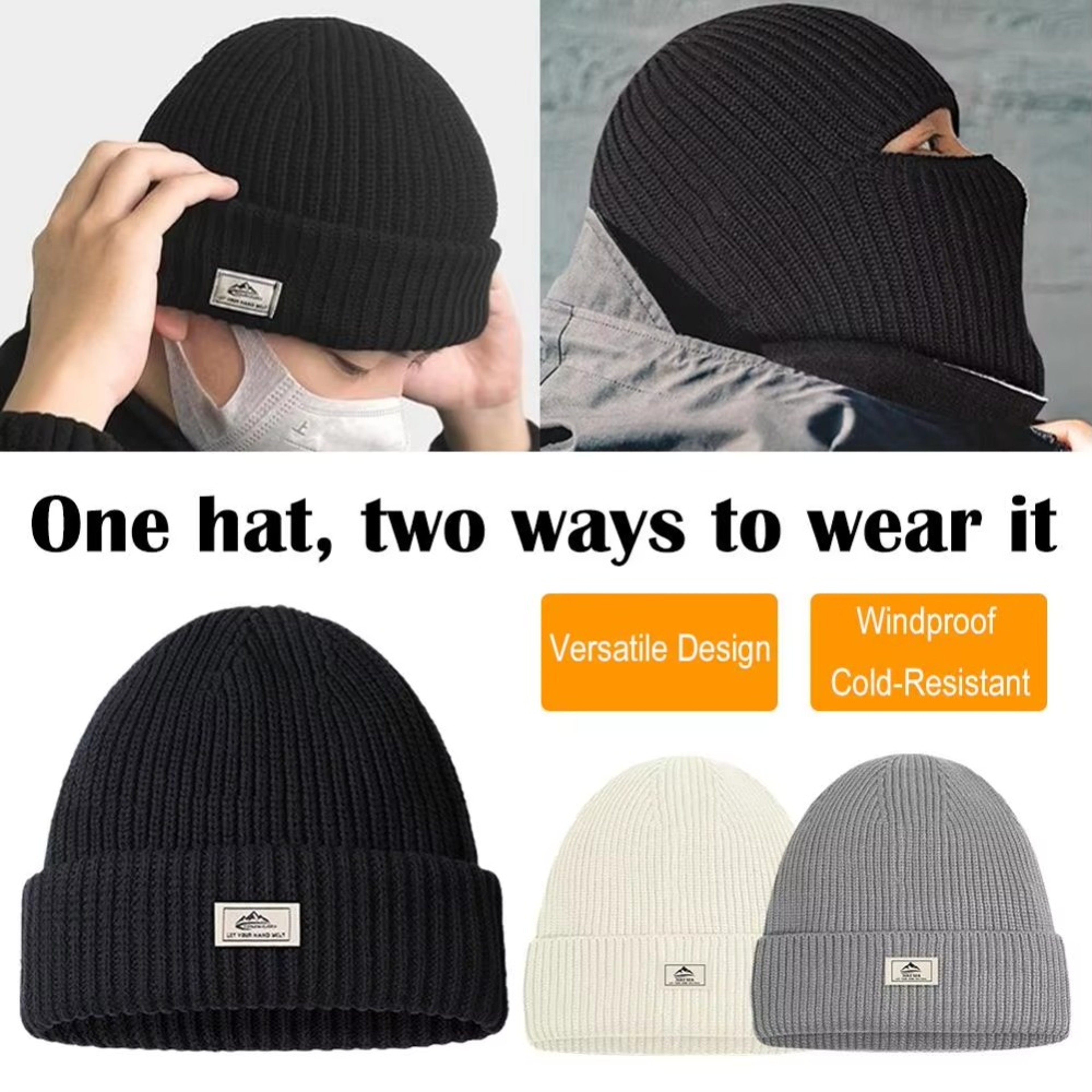 Knitted Thicken Winter 2-in-1 Mask Beanies Hat, Ski Balaclava Full Face Mask, Thermal Windproof Coldproof Running Hat – view 3