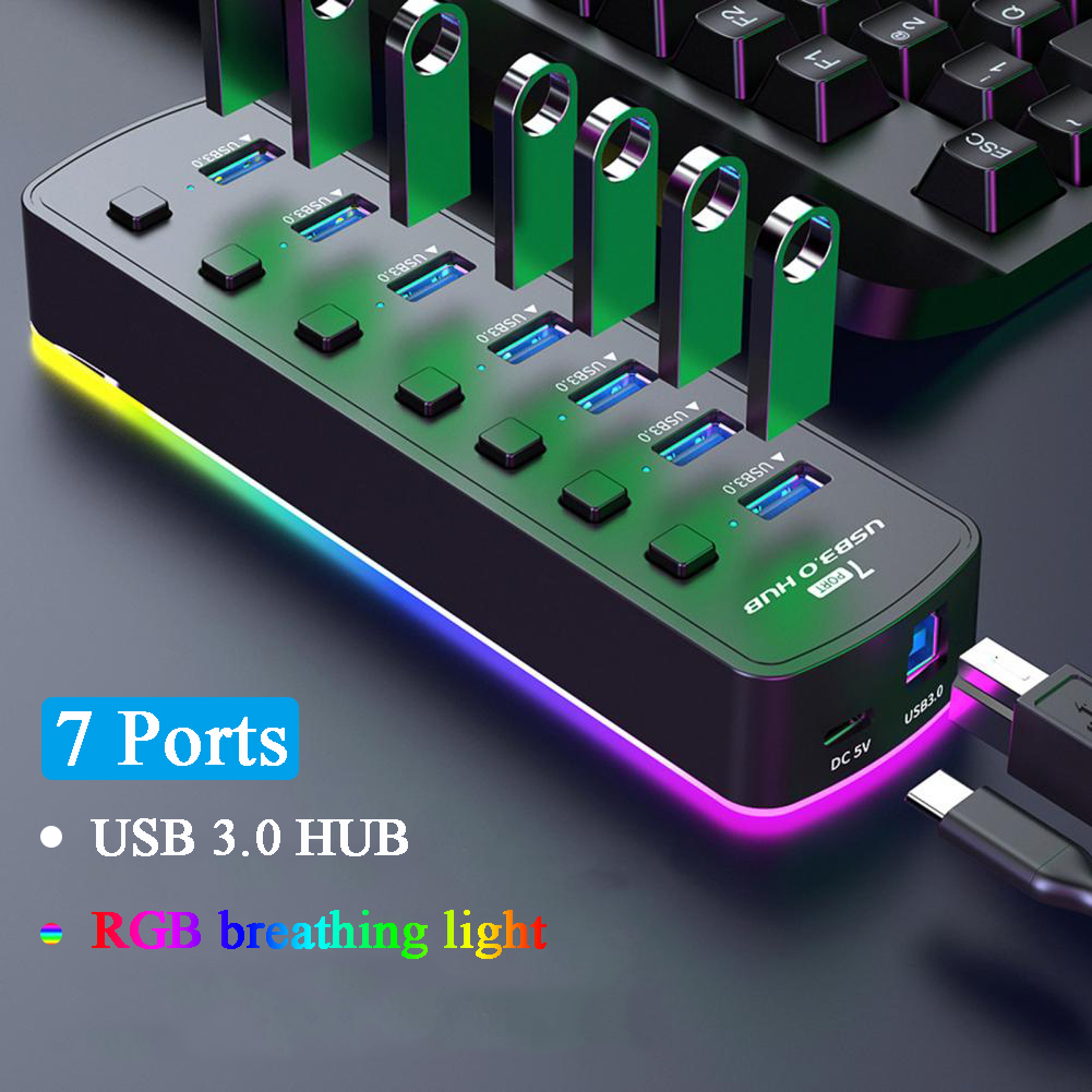 USB Splitter Adapter with Individual On/Off Switch, High Speed Hub for PC, SSD & RGB Computer Accessories – view 1