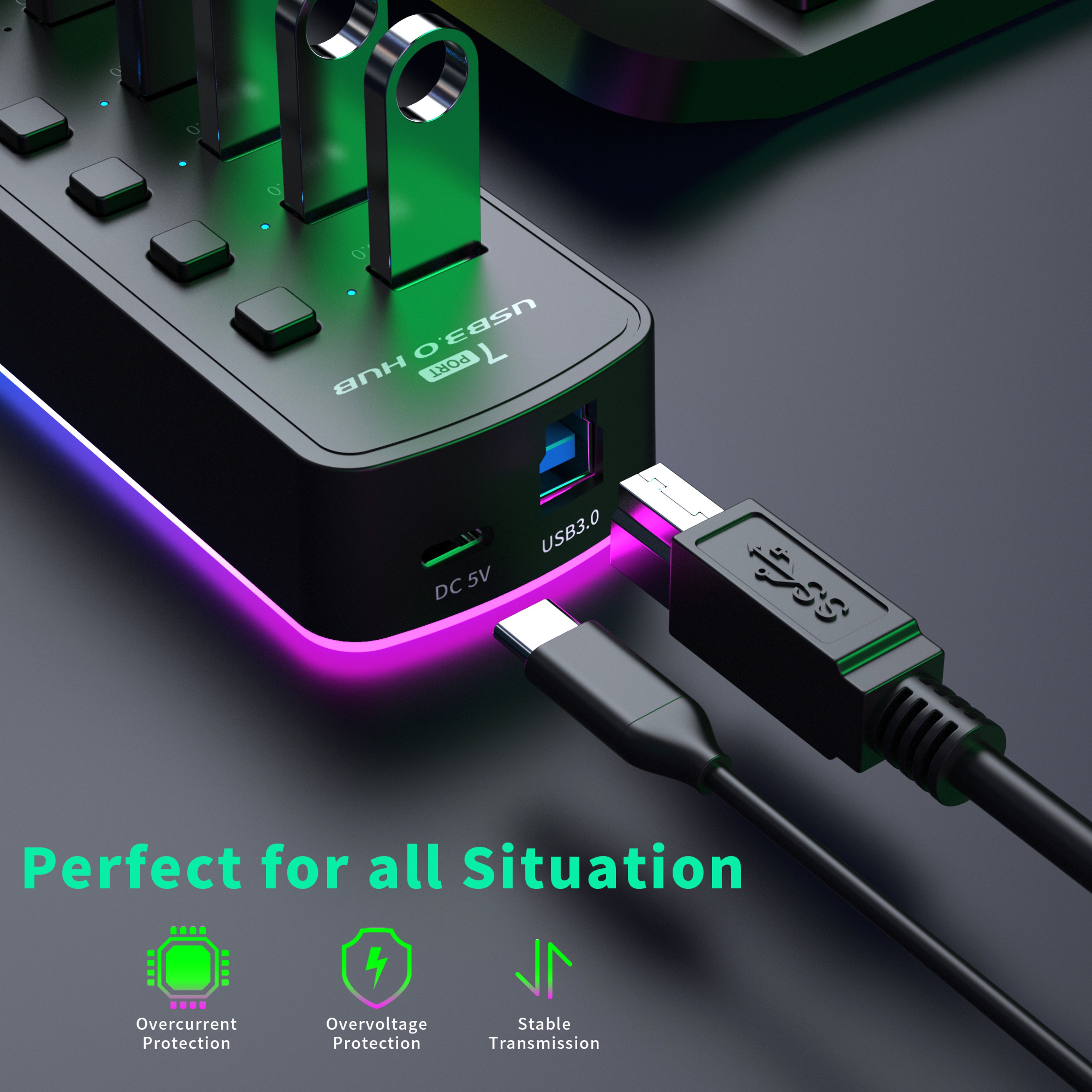 USB Splitter Adapter with Individual On/Off Switch, High Speed Hub for PC, SSD & RGB Computer Accessories – view 2
