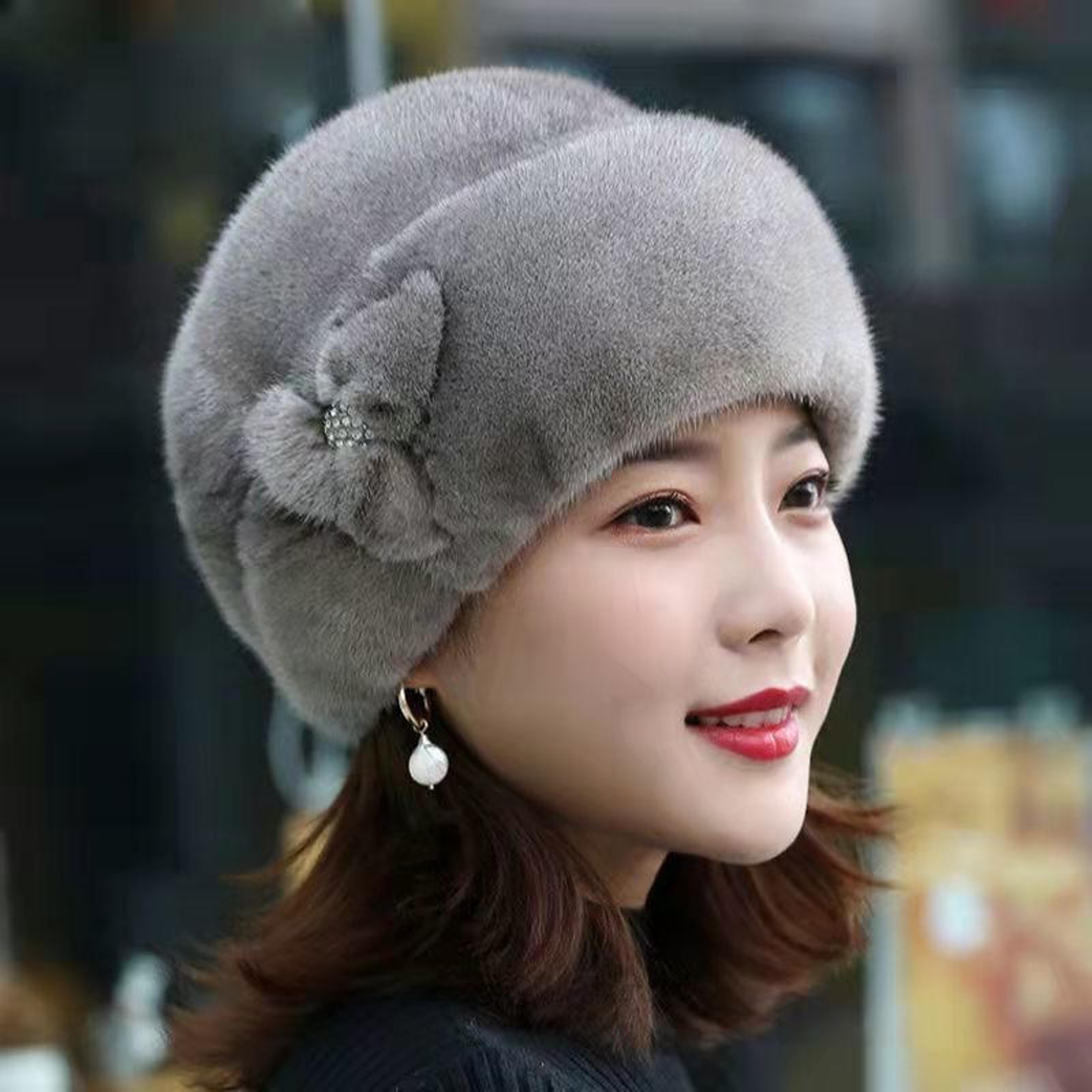 Warm Mink Fur Cap For Women Floral Basin Earflap Fisherman Earwarmer Hat 0