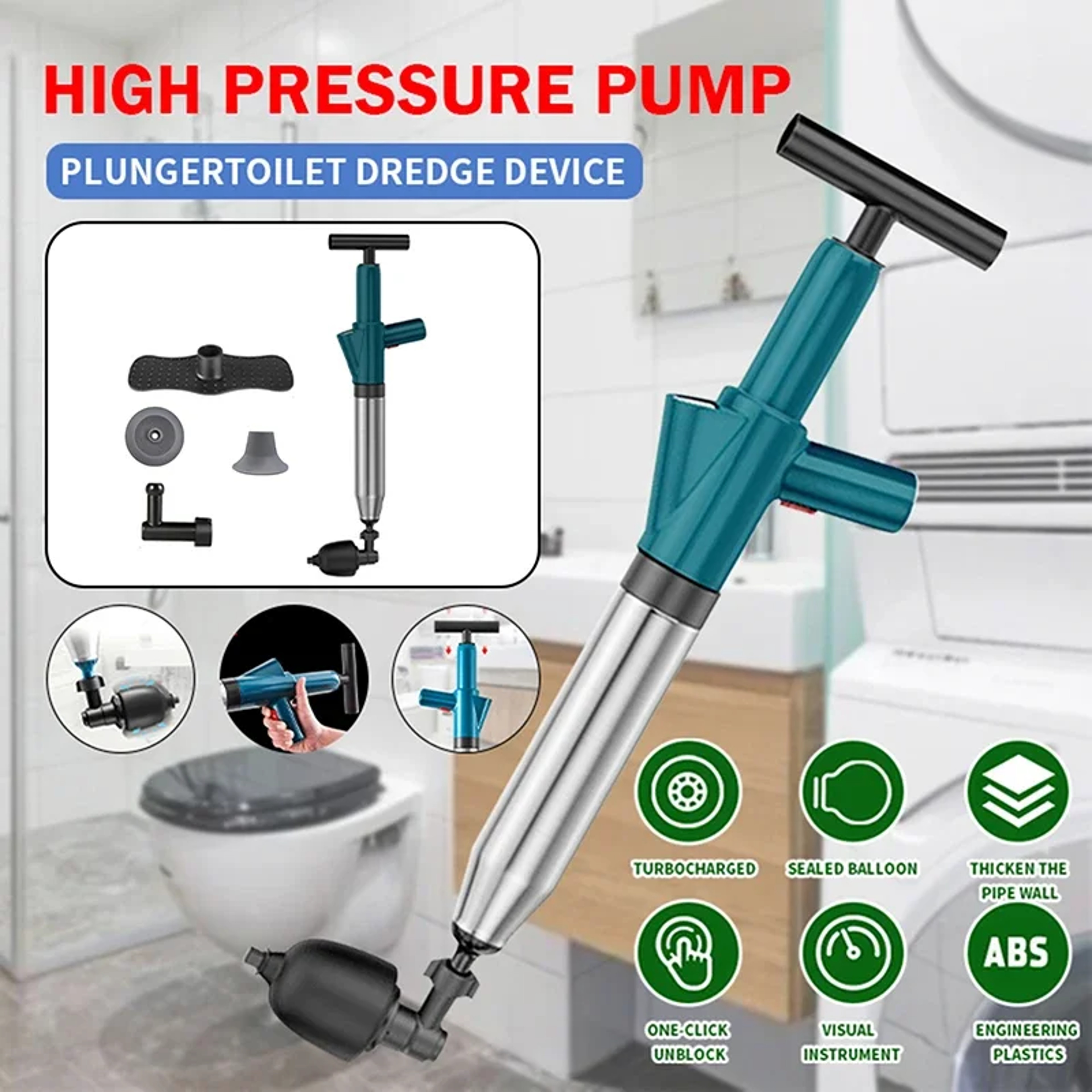 High Pressure Air Drain Blaster Clog Remover Toilet Plunger, Bathroom Kitchen Sink Cleaning Tools, Dredge Clogged Drains – view 1