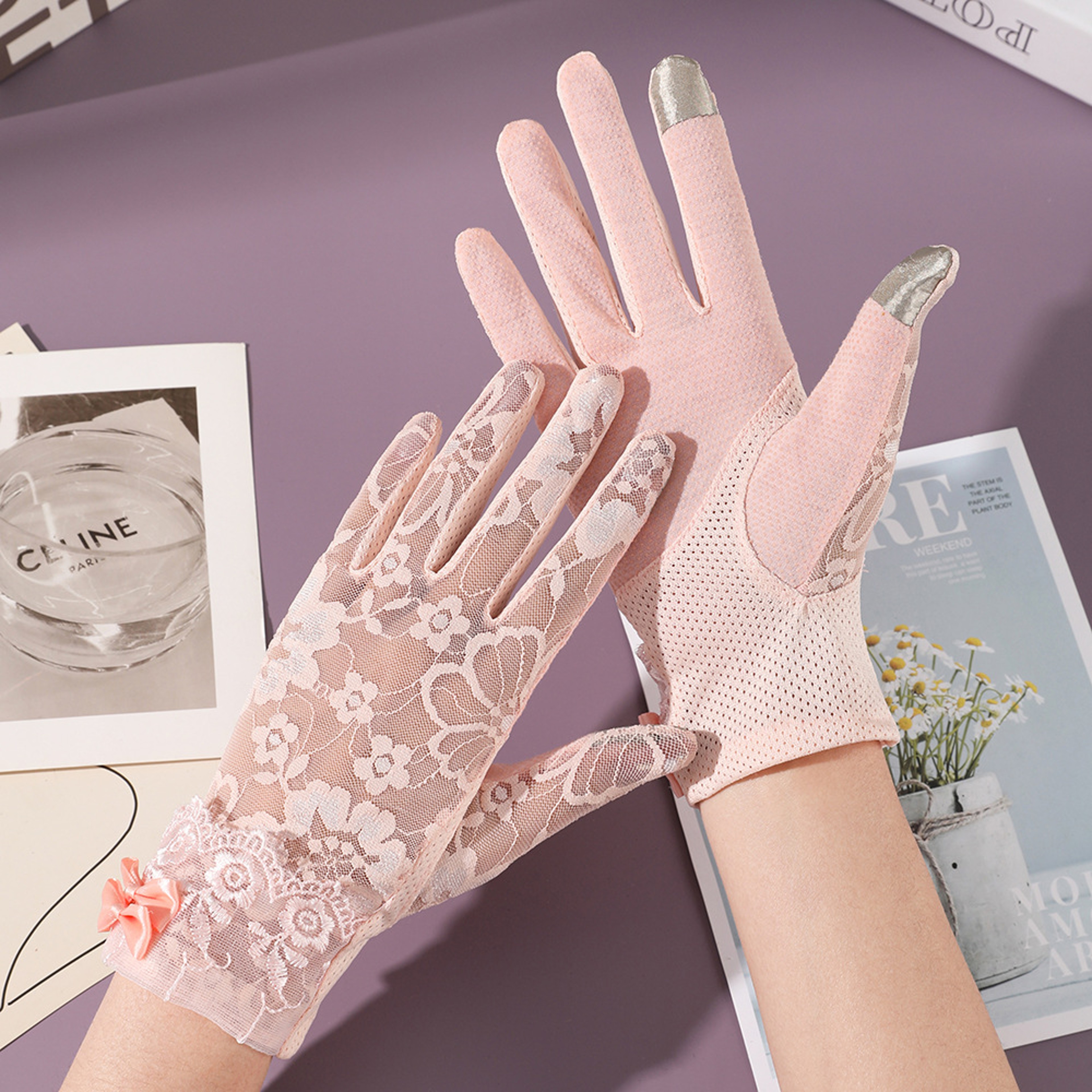 Elegant Lady Thin Gloves for Bridal Wedding, Breathable Driving & Touchscreen Short Gloves with Lace Bow for Bride – view 7