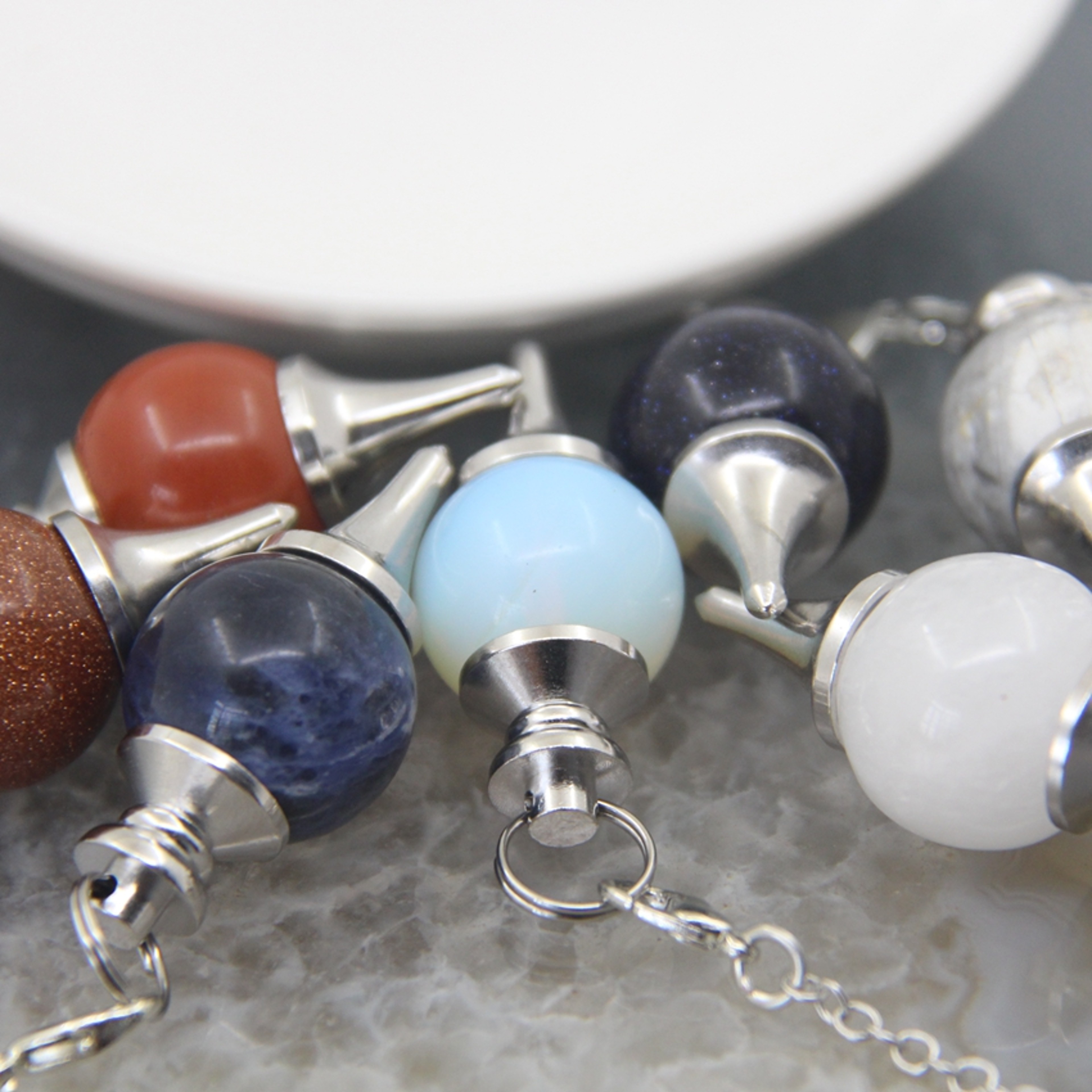 Natural Rose Quartz Labradorite Pendulum for Dowsing Divination, Crystal Cone Pendant with Round Beads Stone Chain – view 2