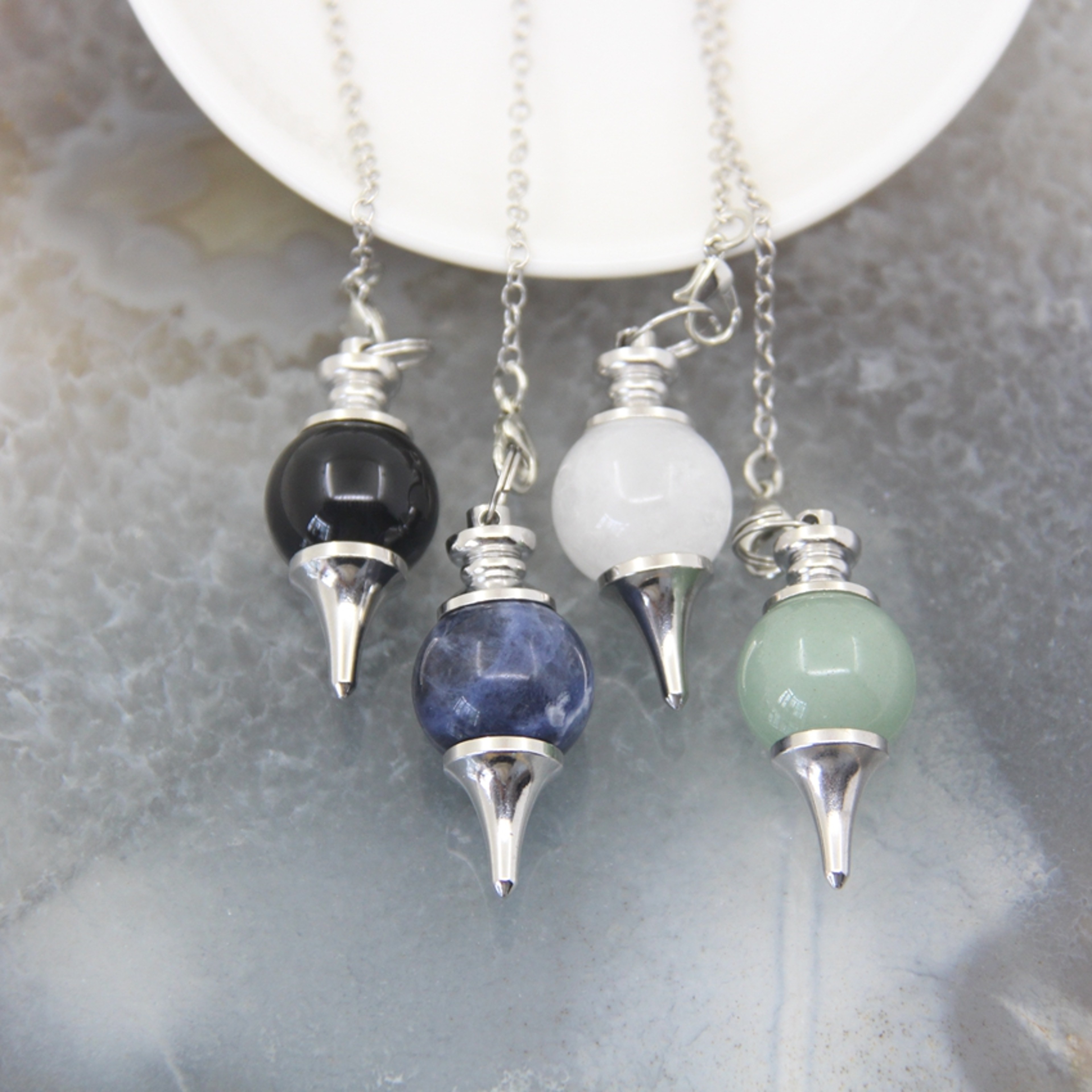 Natural Rose Quartz Labradorite Pendulum for Dowsing Divination, Crystal Cone Pendant with Round Beads Stone Chain – view 6
