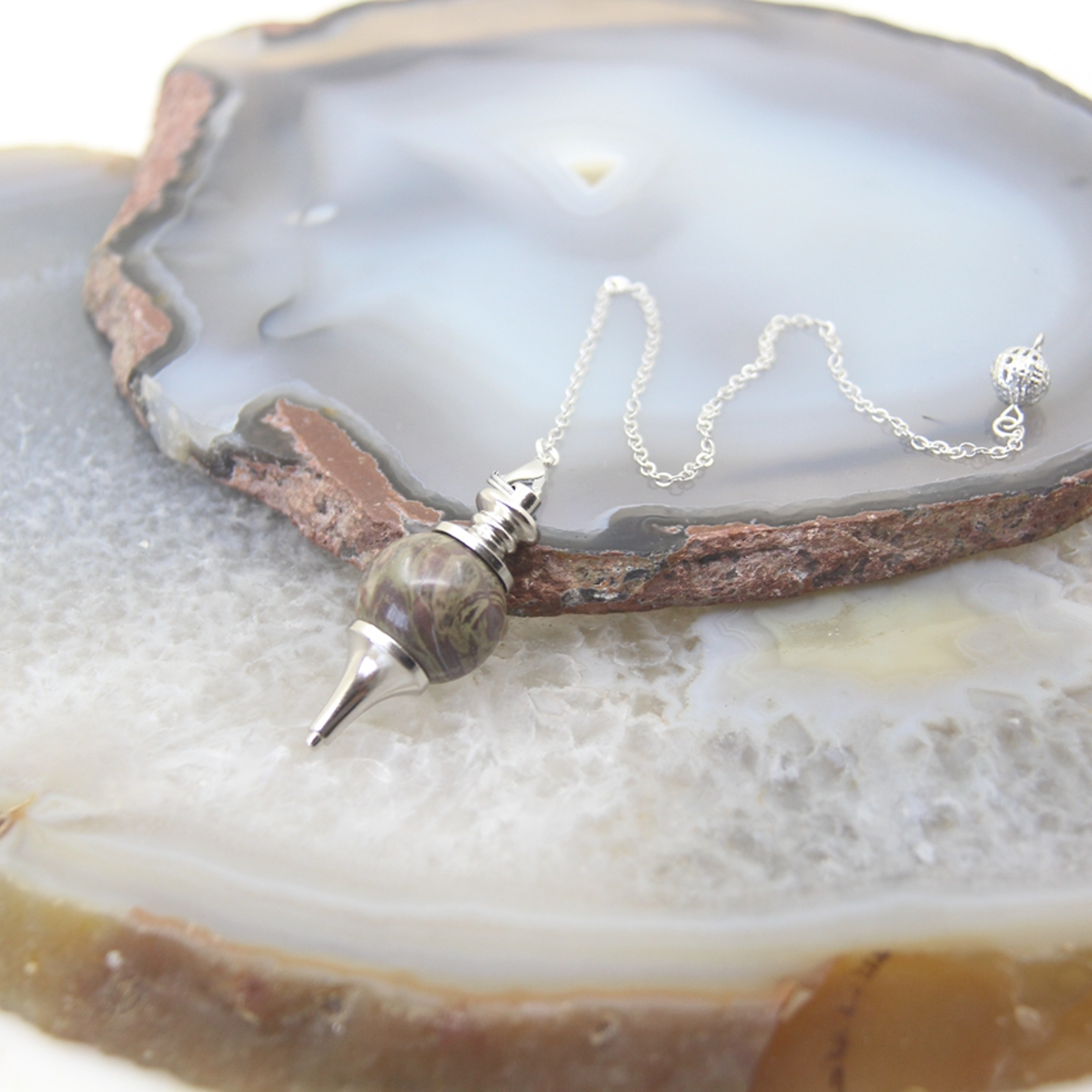 Natural Rose Quartz Labradorite Pendulum for Dowsing Divination, Crystal Cone Pendant with Round Beads Stone Chain – view 7