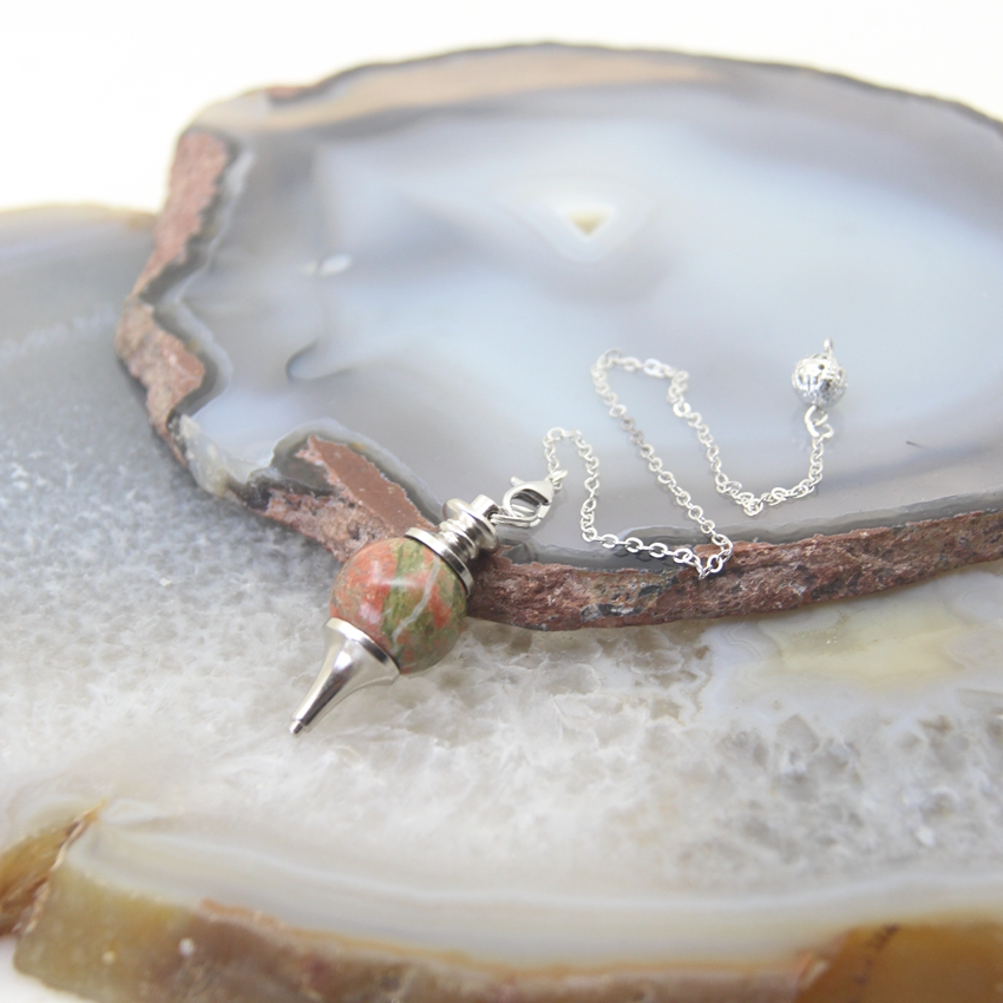 Natural Rose Quartz Labradorite Pendulum for Dowsing Divination, Crystal Cone Pendant with Round Beads Stone Chain – view 9