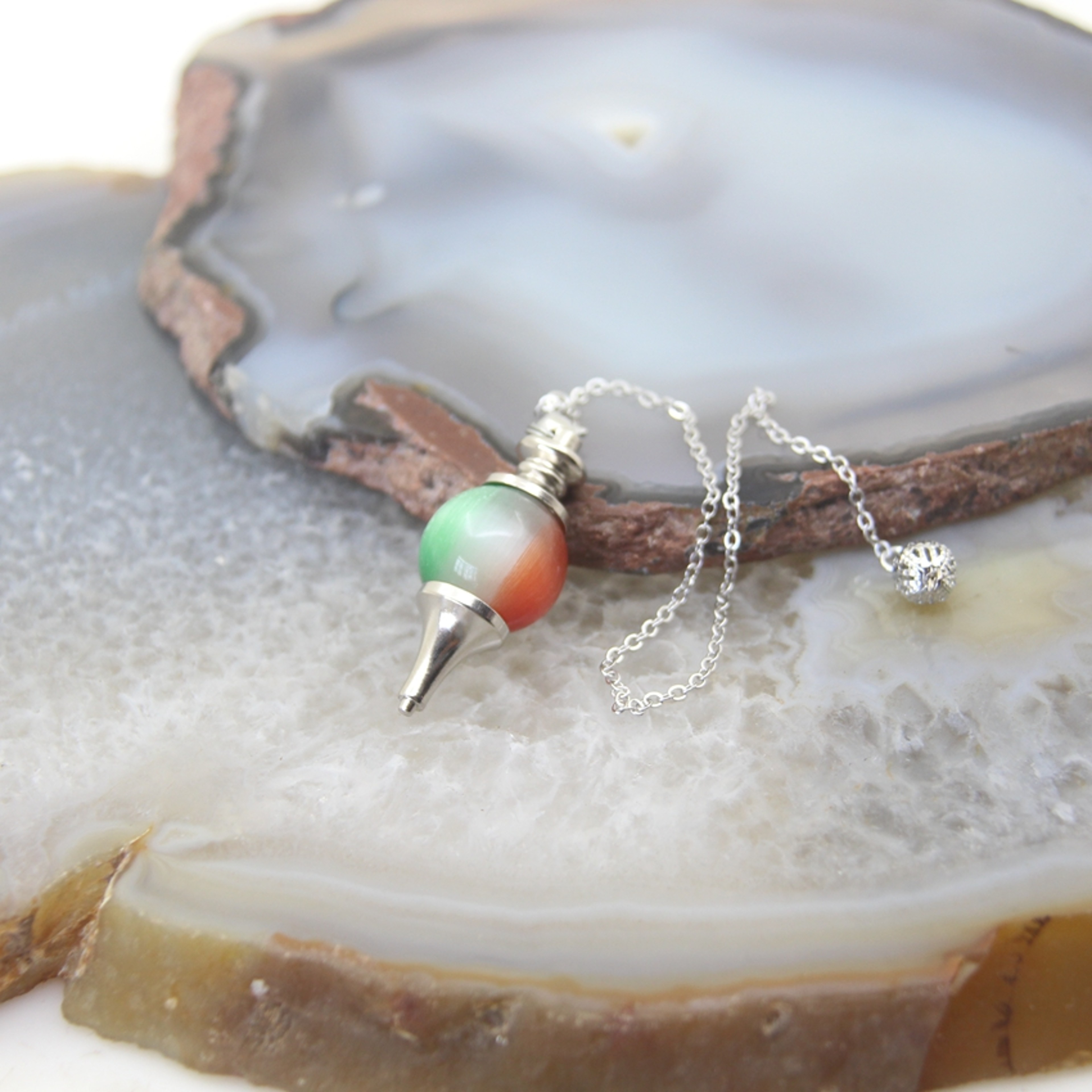 Natural Rose Quartz Labradorite Pendulum for Dowsing Divination, Crystal Cone Pendant with Round Beads Stone Chain – view 24