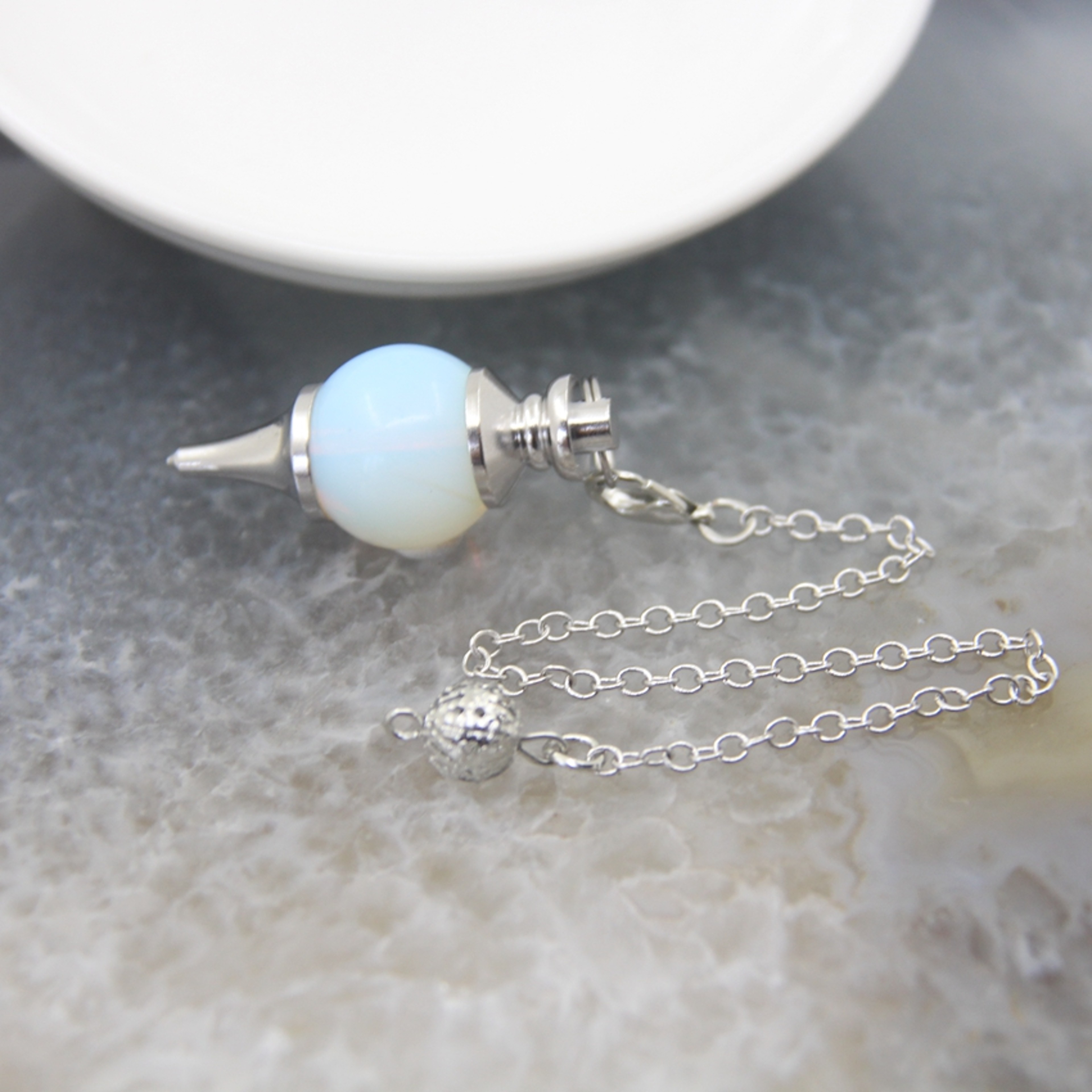 Natural Rose Quartz Labradorite Pendulum for Dowsing Divination, Crystal Cone Pendant with Round Beads Stone Chain – view 26