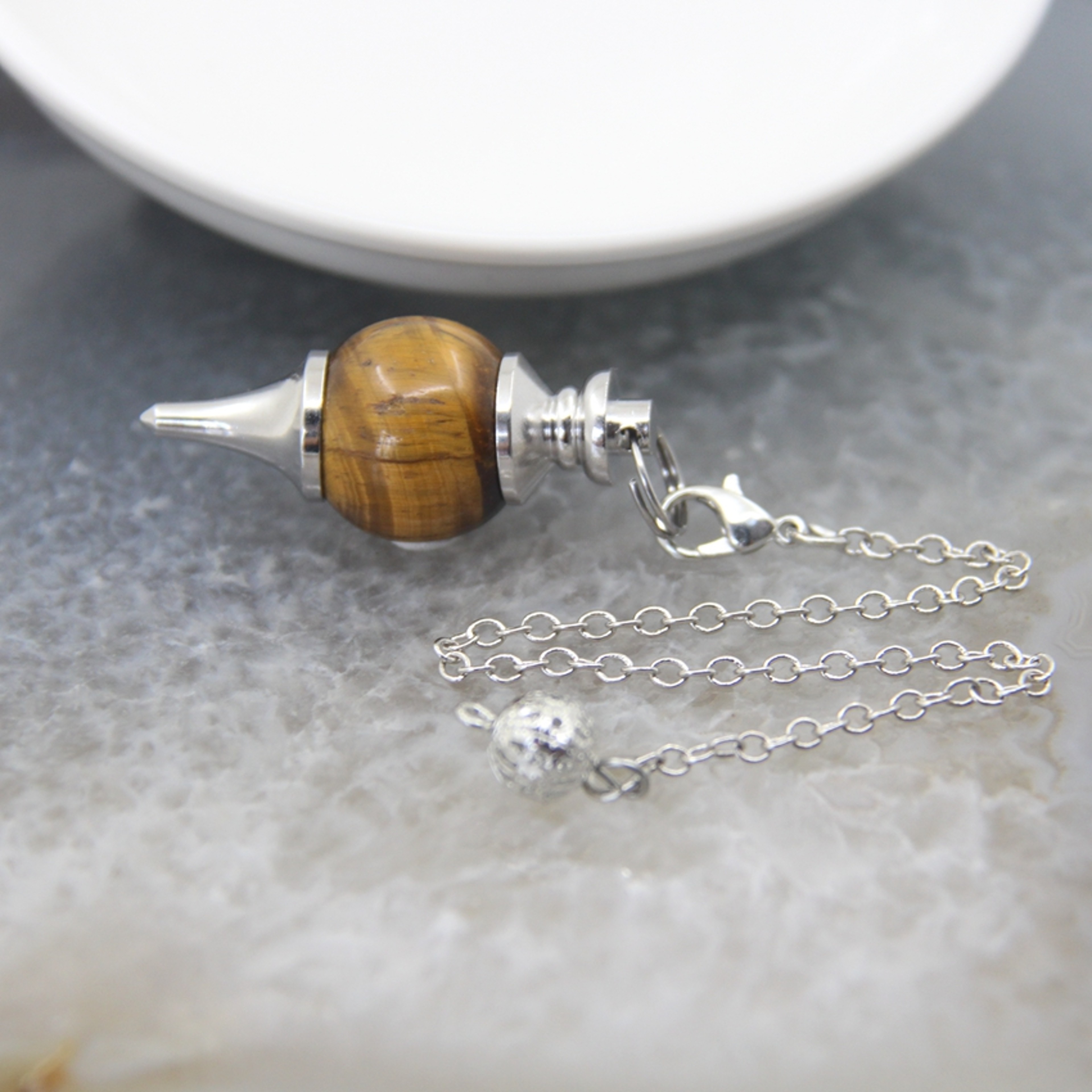 Natural Rose Quartz Labradorite Pendulum for Dowsing Divination, Crystal Cone Pendant with Round Beads Stone Chain – view 40