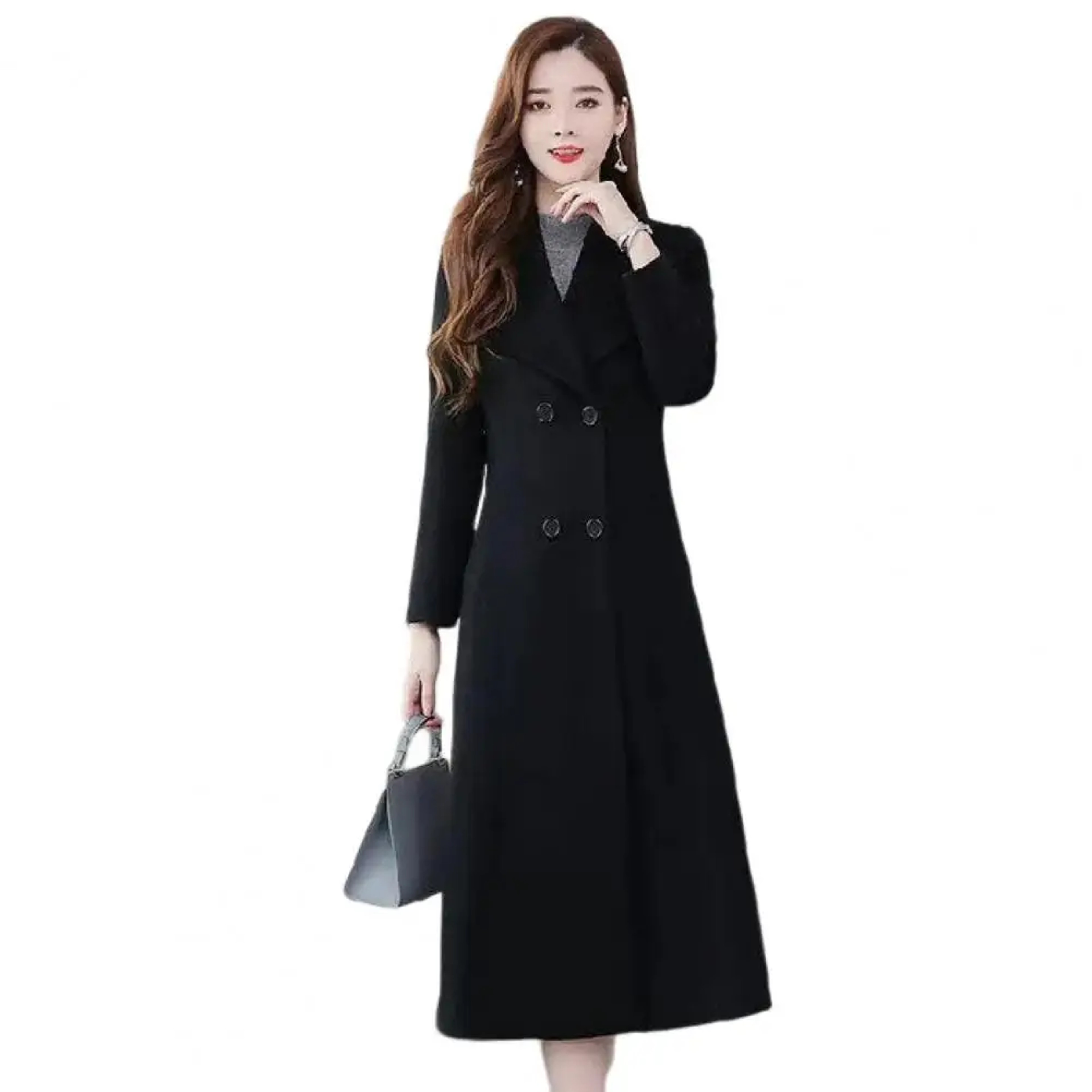 Elegant British Style Women Woolen Coat Double Breasted Waist Tight Suit Collar Long Cardigan Mid C 5