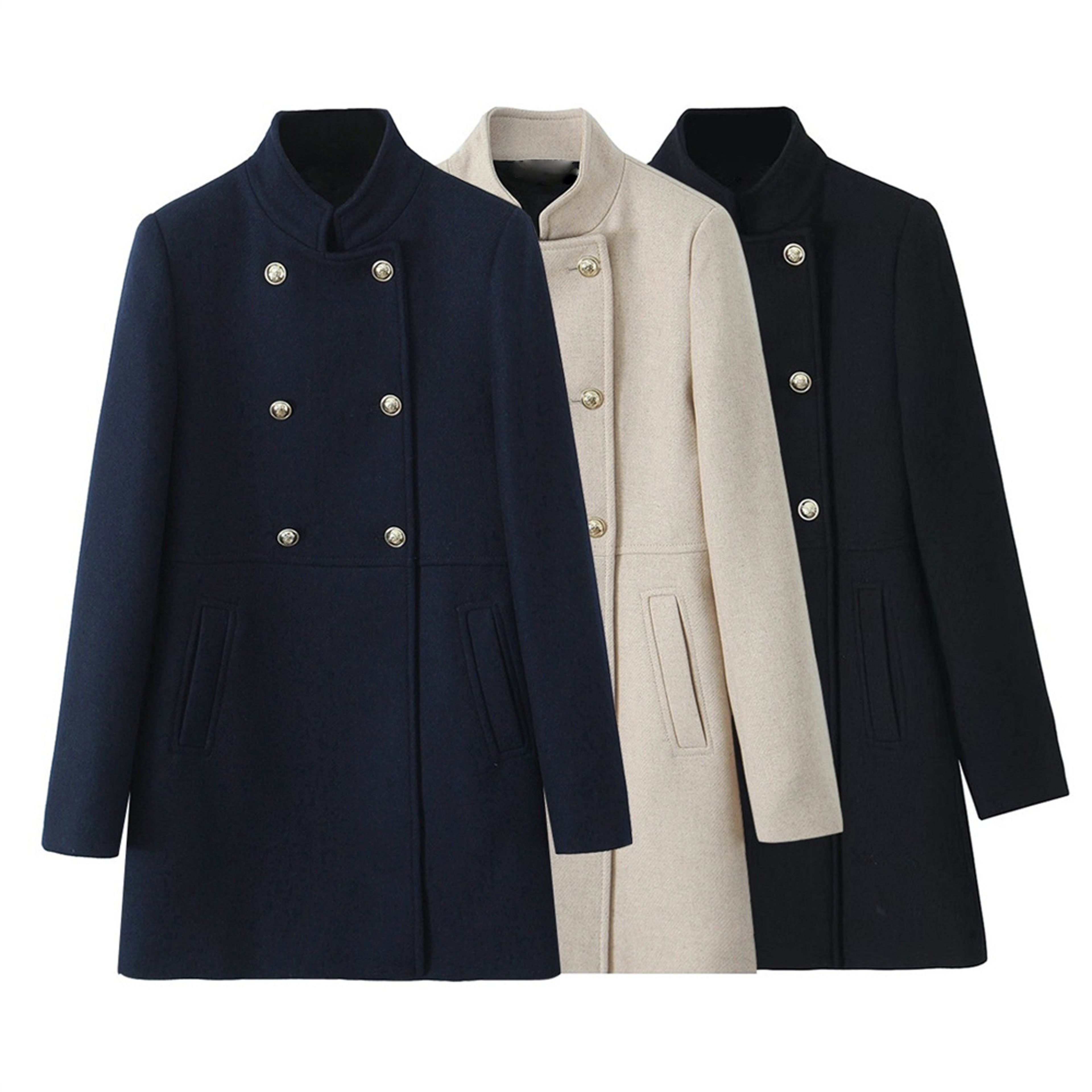 New Double Breasted Jacket for Women, Gold Button Up Stand Up Collar Solid Color Coat for Autumn and Winter – view 1