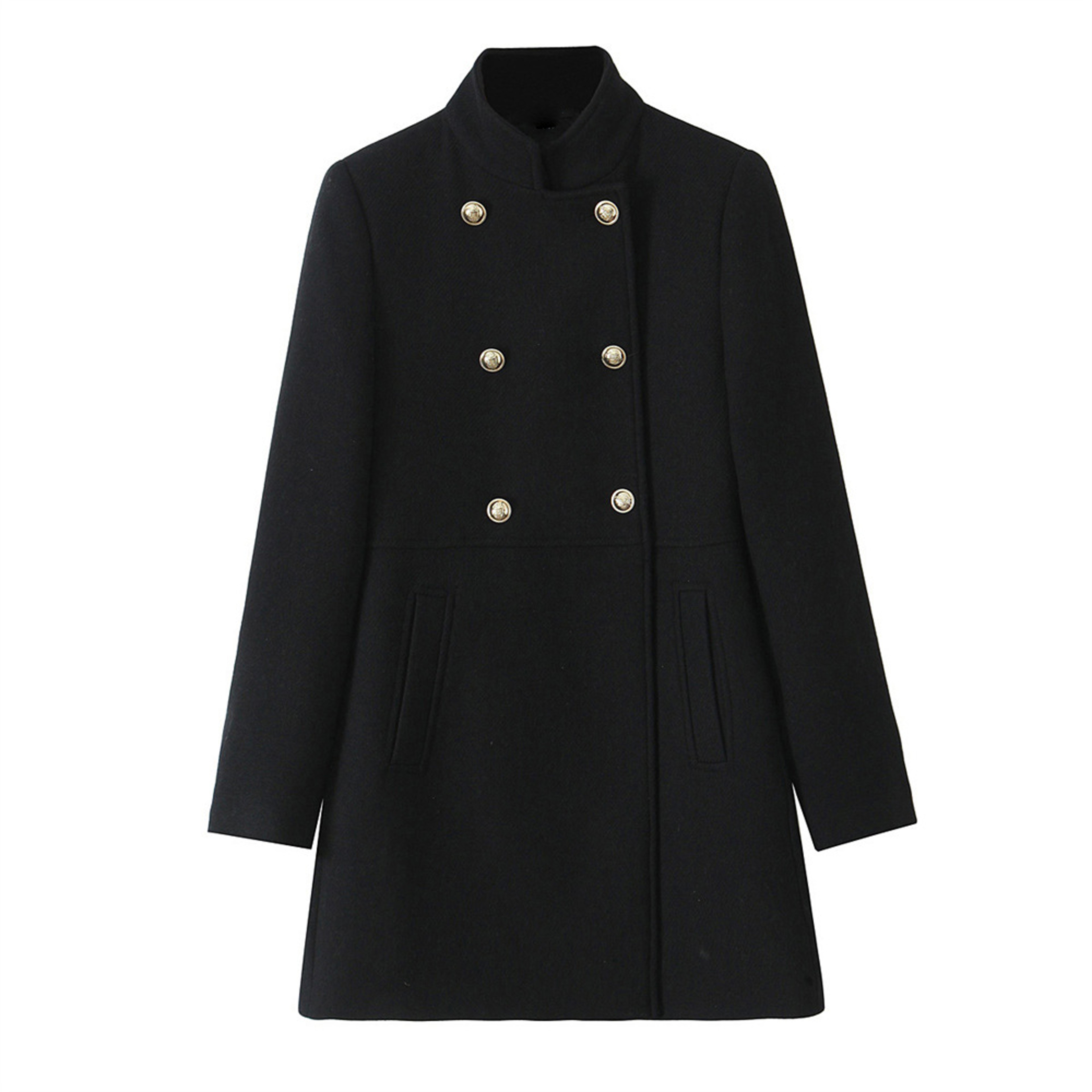 New Double Breasted Jacket for Women, Gold Button Up Stand Up Collar Solid Color Coat for Autumn and Winter – view 8