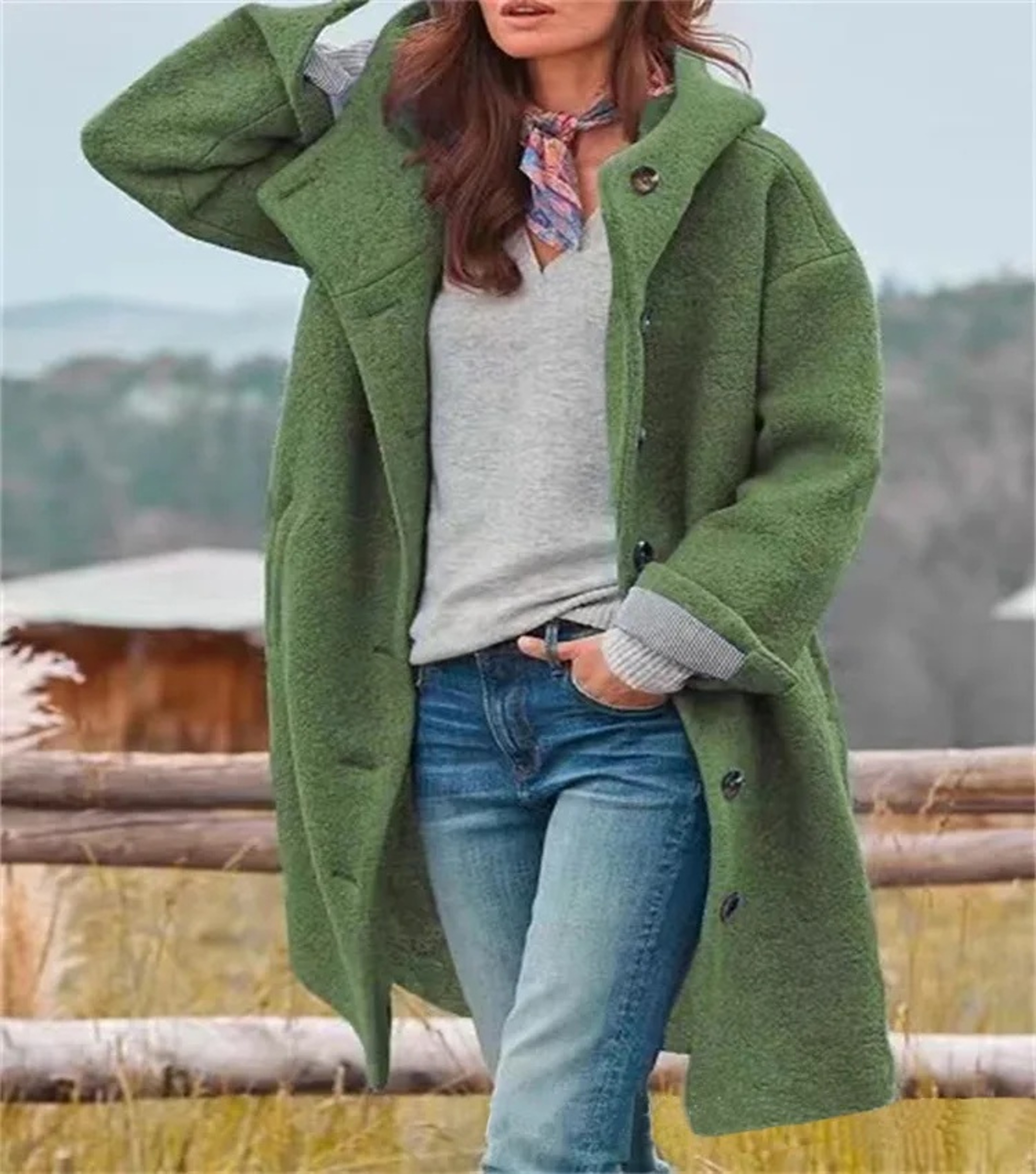 Women's Autumn Fashion Coat, Casual Loose Fit, Long Sleeve Hooded Outerwear, Pure Color Polyester Fiber, Notch Collar – view 9