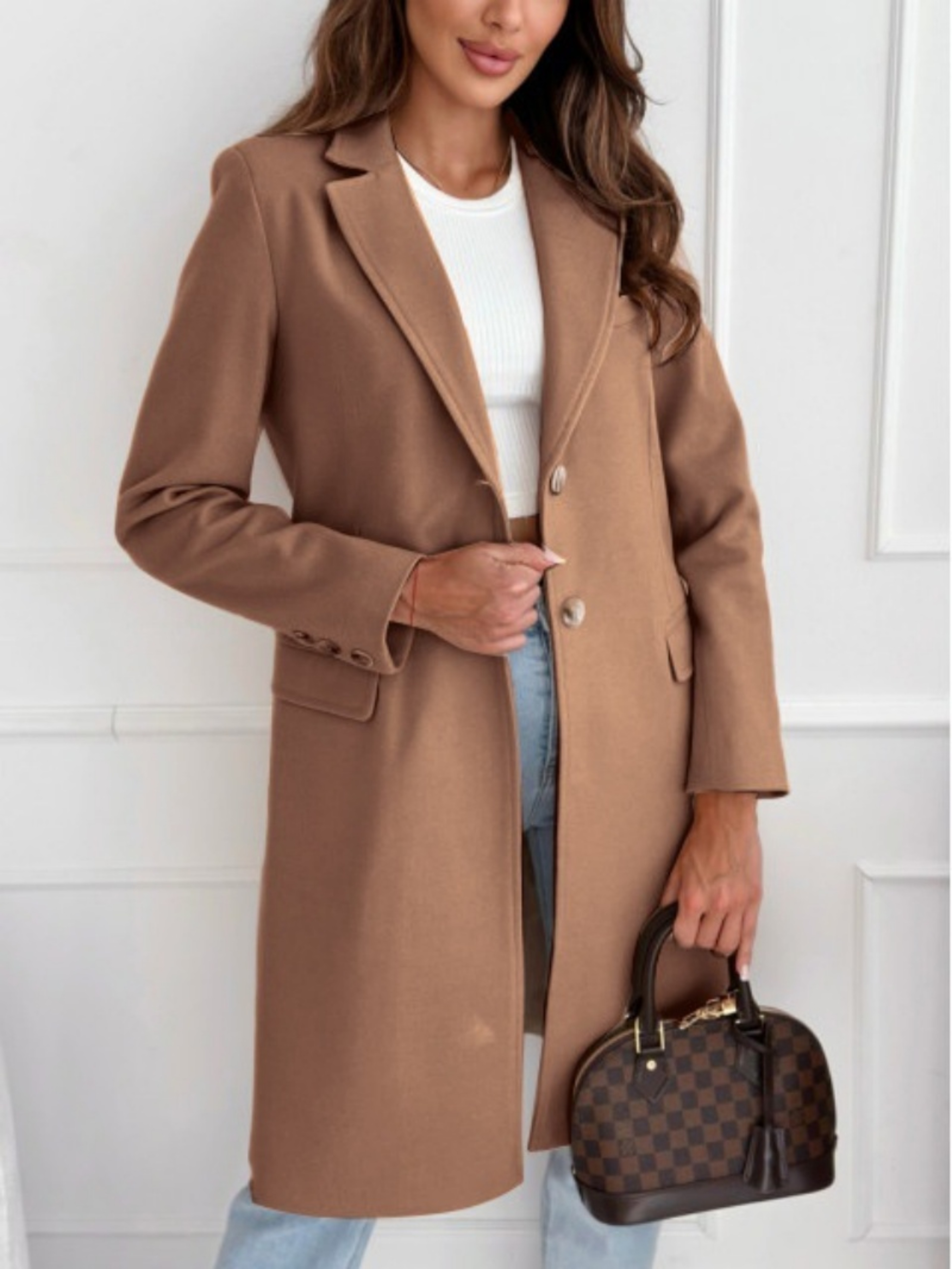 Women's Autumn Winter Coat, Simple Solid Colour, Long Button Tweed, Chic Outerwear – view 6