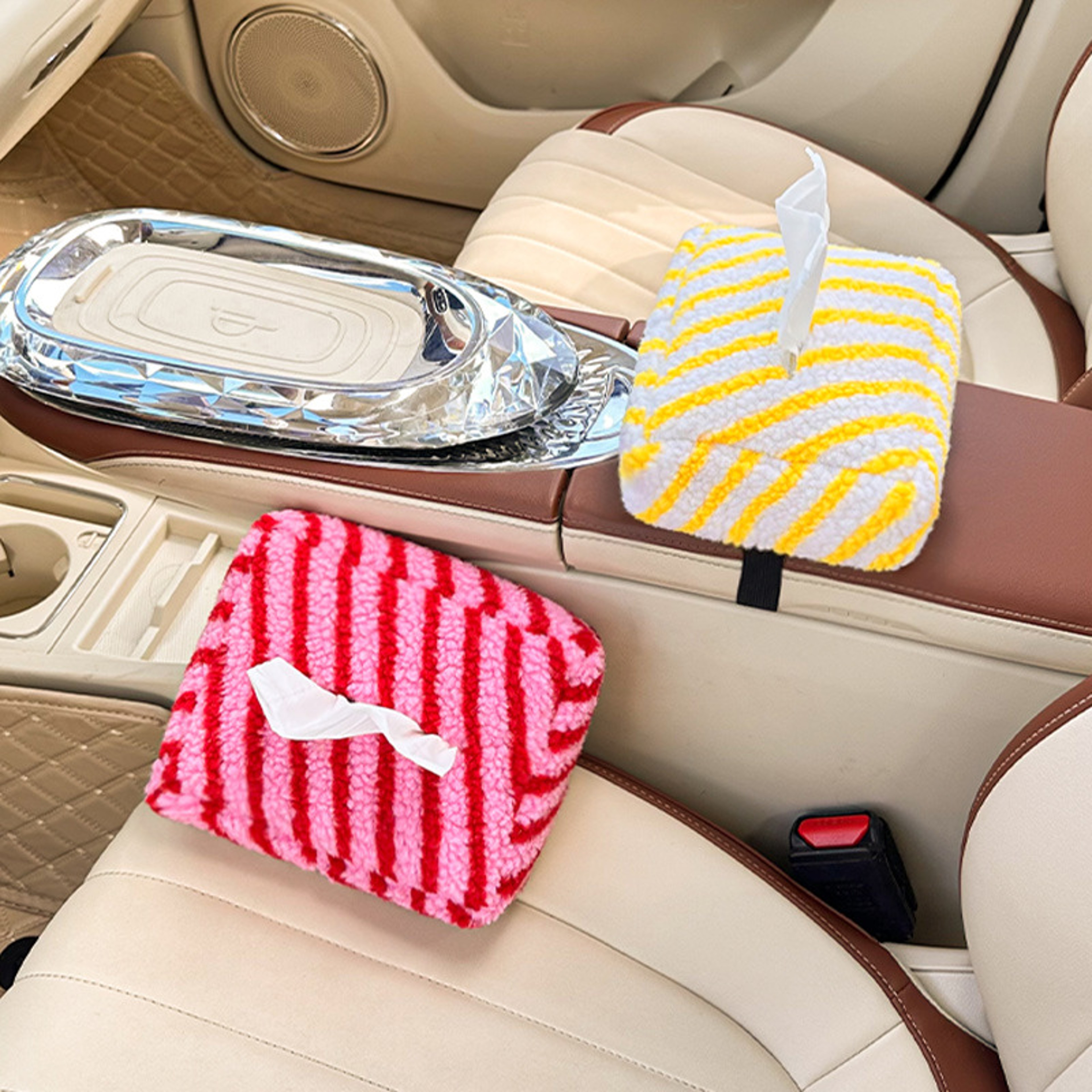 Upgrade Your Car Interior, High End Plush Car Tissue Box, Striped Hanging Paper Box, New Car Accessory – view 1