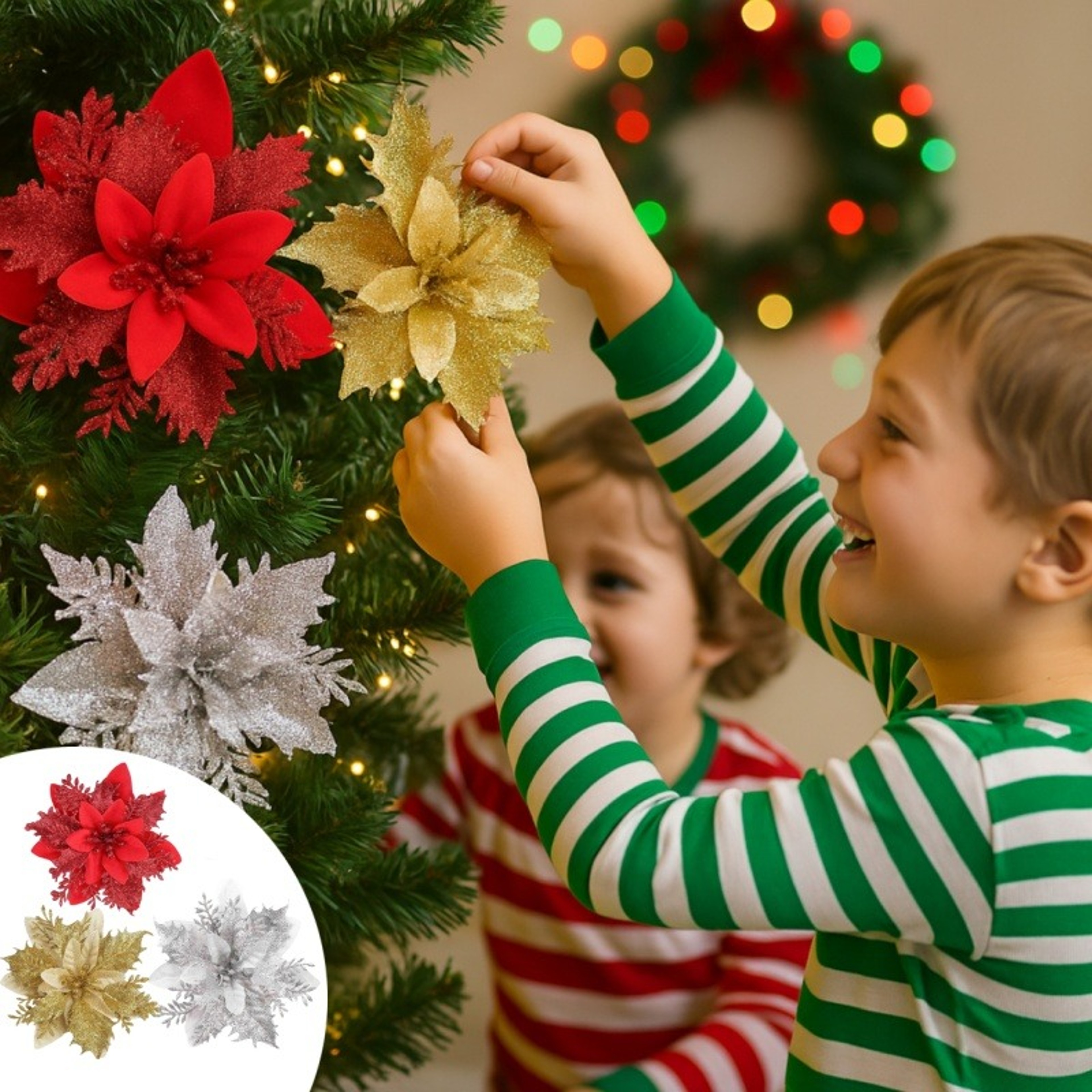Pink Red Gold Glitter Artificial Flowers, Christmas Tree Ornaments, Xmas Home Decoration – view 1