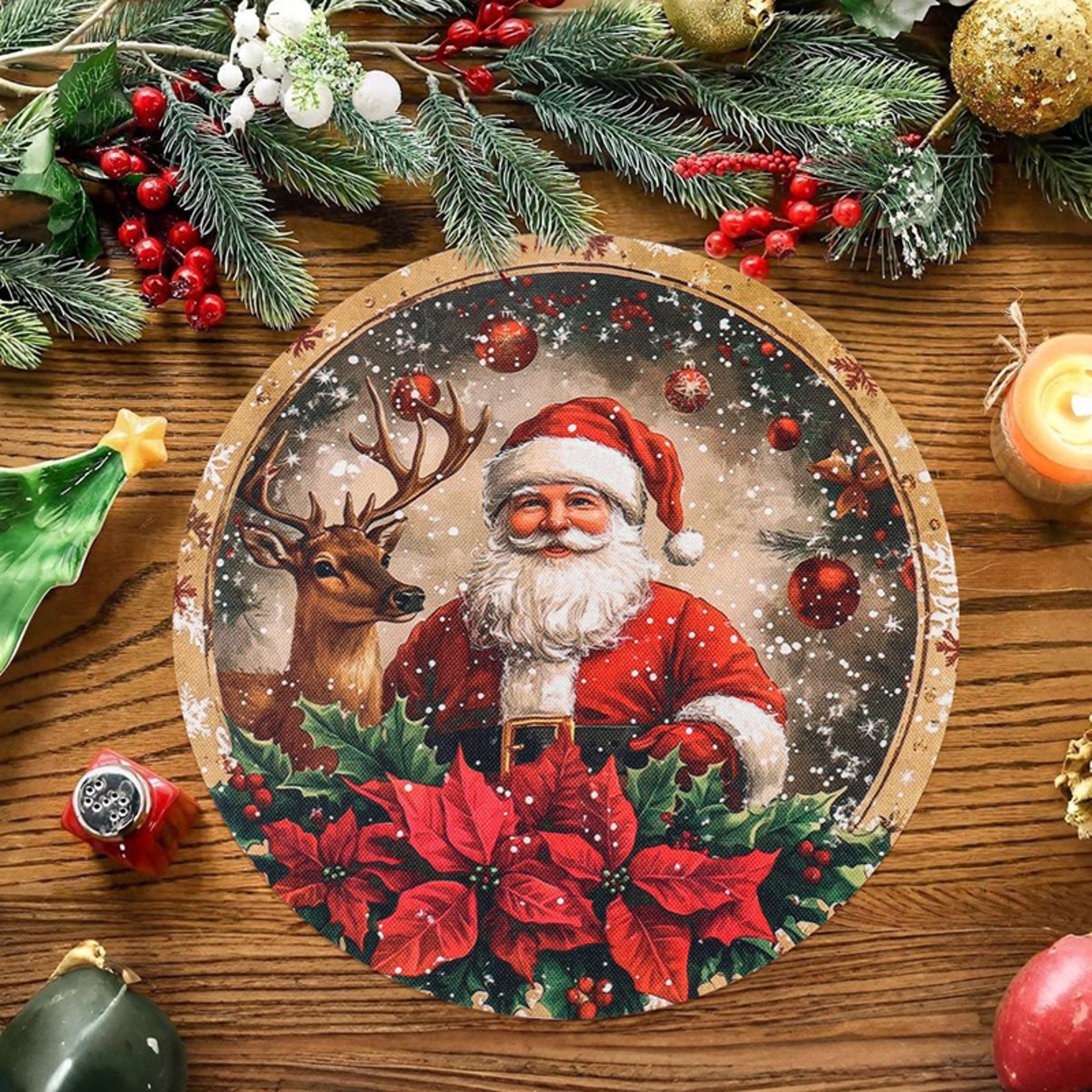 Linen Christmas Santa Snowman Table Mats, Coaster Bowl Pad, Coffee Cup Placemat, Navidad Home Kitchen Decoration – view 5