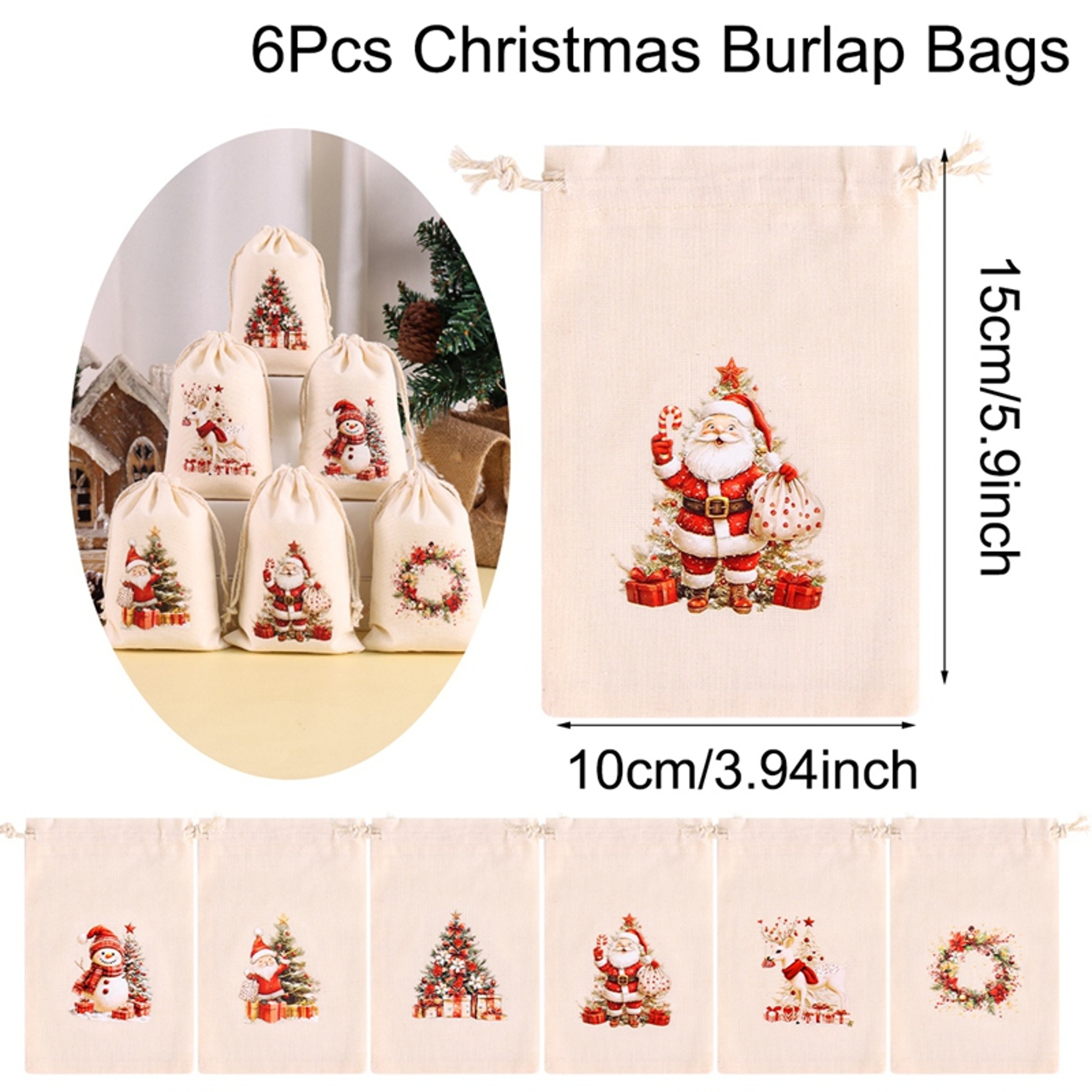 Burlap Gift Bags, Christmas Linen Drawstring, Candy Biscuits Pouchs, New Year Gift, Home Decor, Navidad Natal – view 7