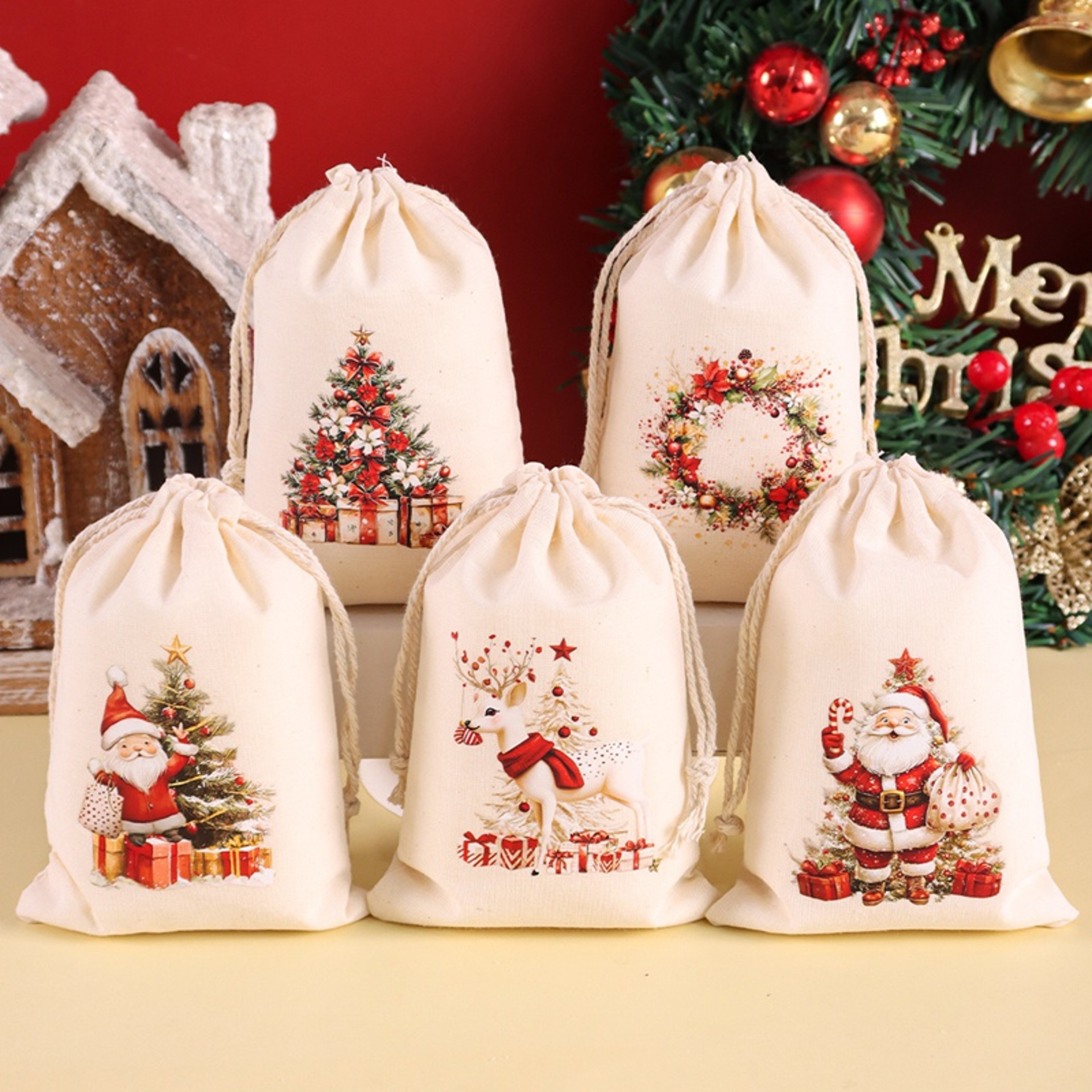 Burlap Gift Bags, Christmas Linen Drawstring, Candy Biscuits Pouchs, New Year Gift, Home Decor, Navidad Natal – view 3