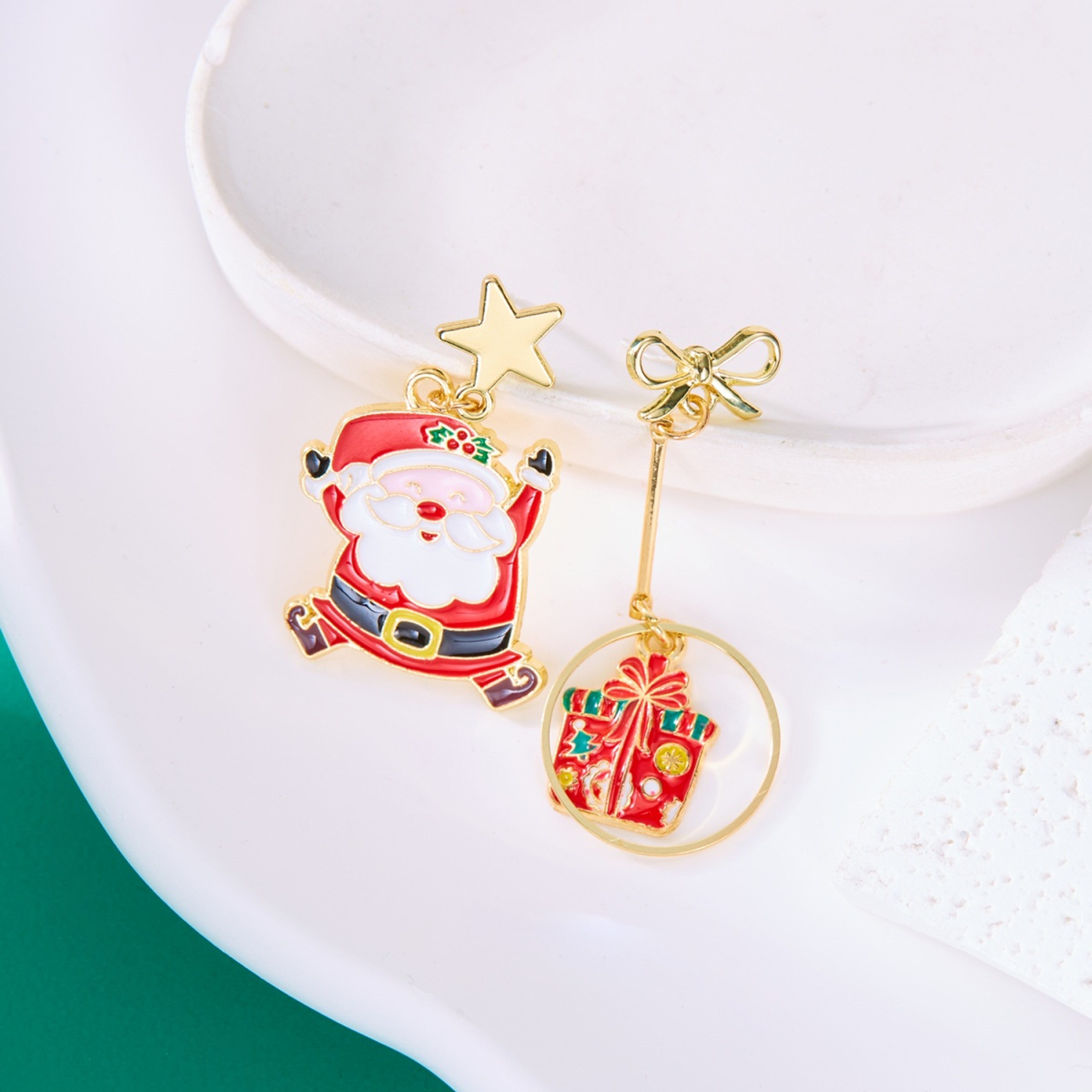 Cartoon Christmas Earrings, Enamel Santa Claus Bow Gift Box, Star Tassel Asymmetric Drop, Jewelry Party Gifts, For Women – view 5