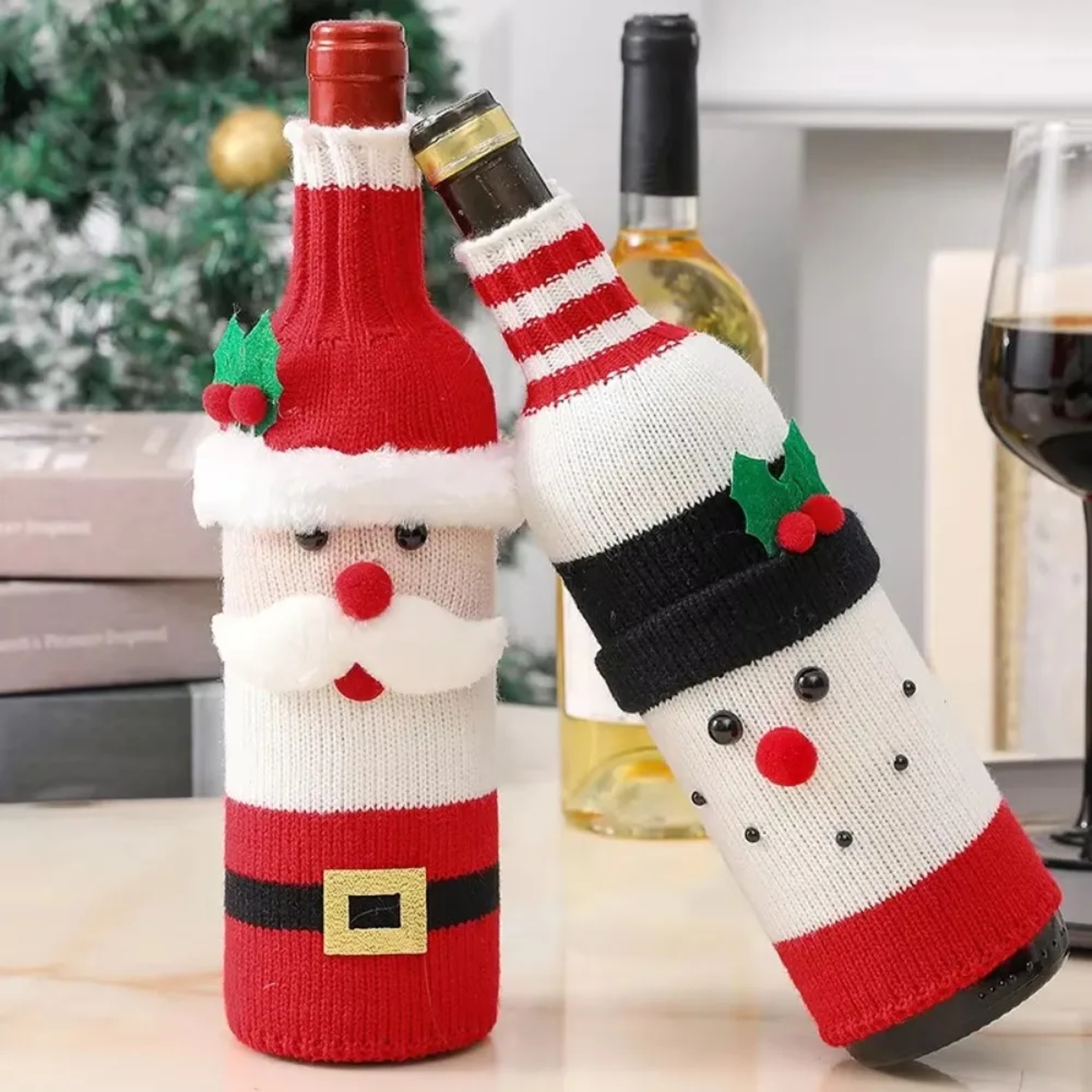 Christmas Wine Bottle Cover Set Santa Snowman Woven Wine Bottle Bags Party Dinner Table Decorations 3
