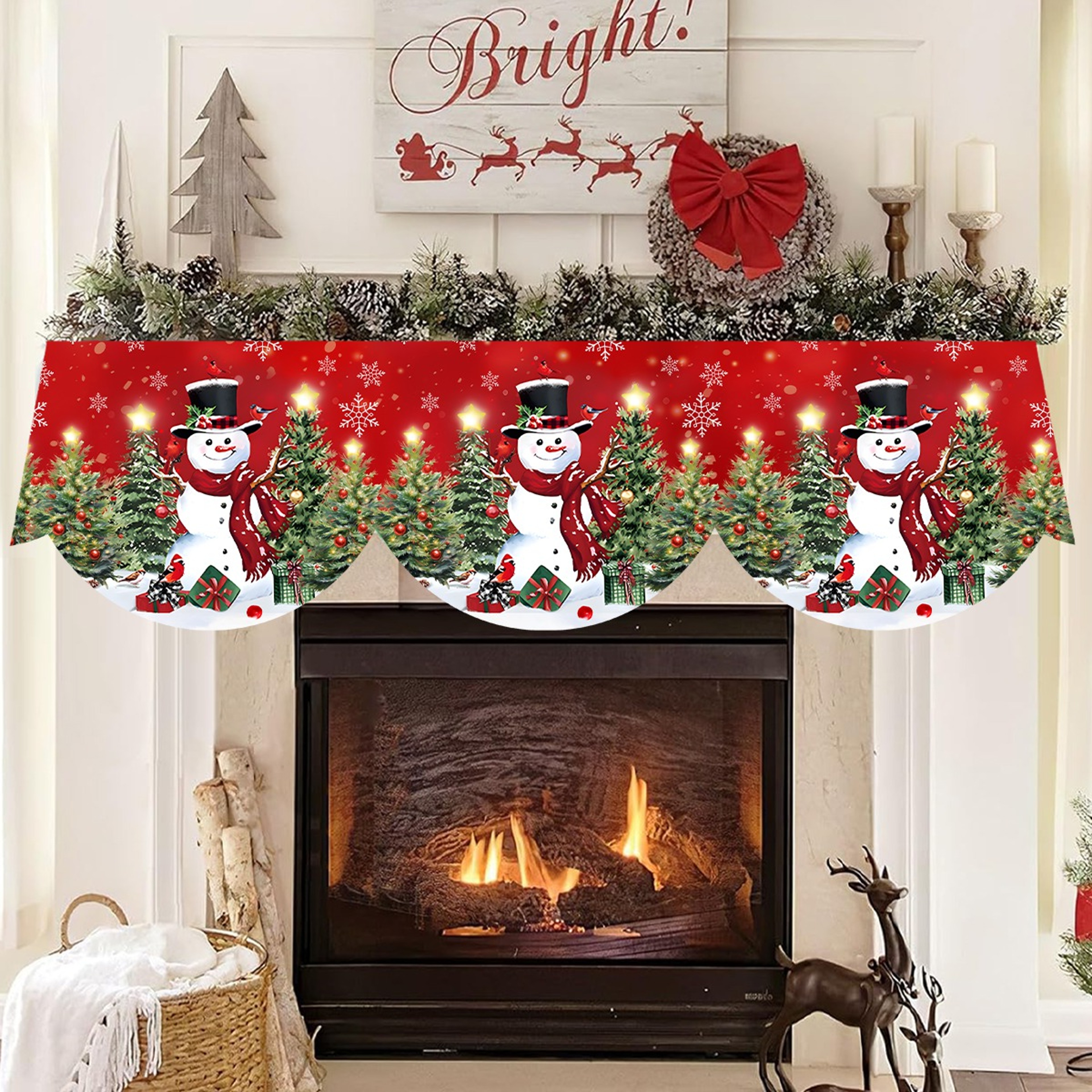 Red Christmas Fireplace Mantel Scarf, Table Cover Xmas Ornaments, Snowman Navidad Natal New Year Gifts for Home – view 1