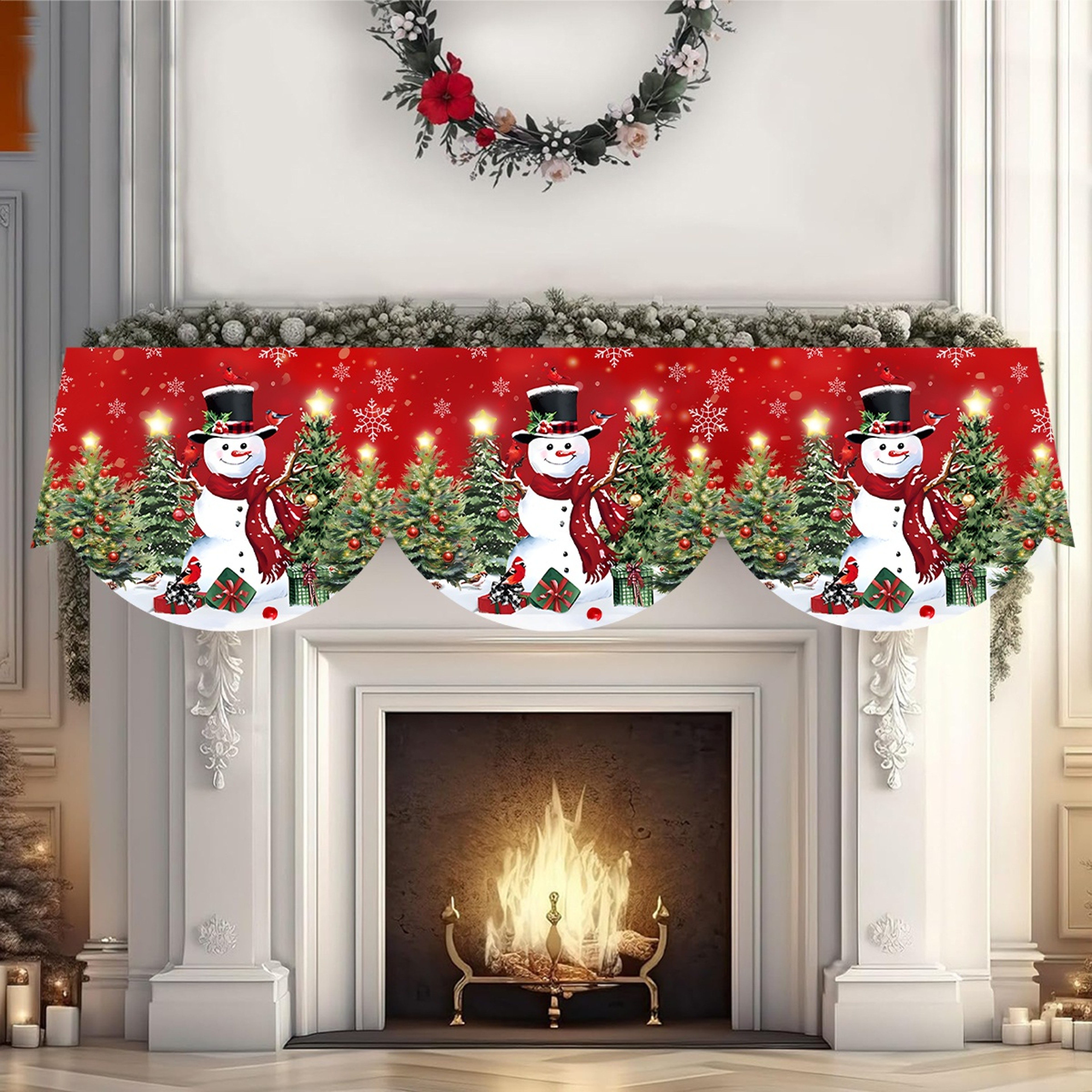 Red Christmas Fireplace Mantel Scarf, Table Cover Xmas Ornaments, Snowman Navidad Natal New Year Gifts for Home – view 2