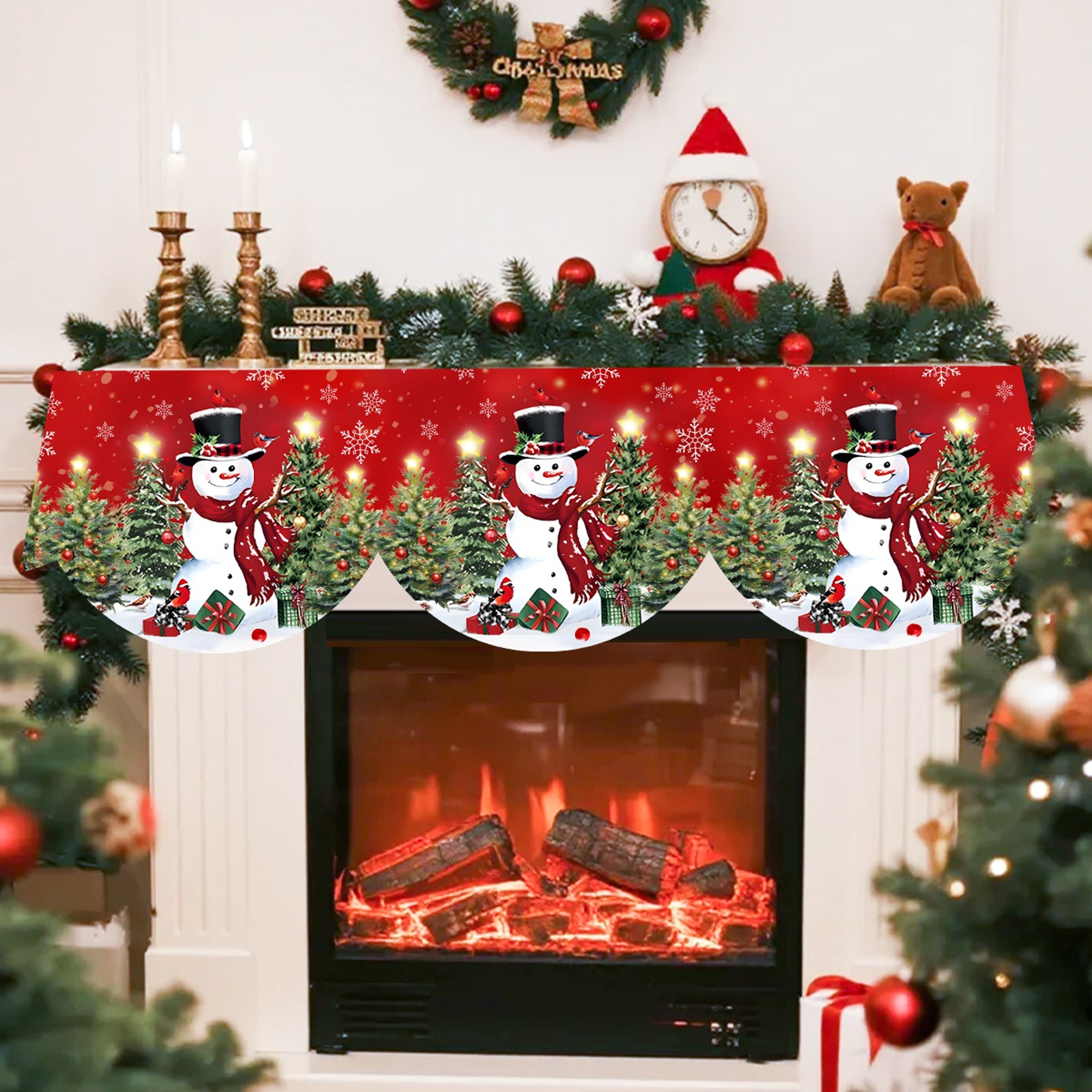 Red Christmas Fireplace Mantel Scarf, Table Cover Xmas Ornaments, Snowman Navidad Natal New Year Gifts for Home – view 3