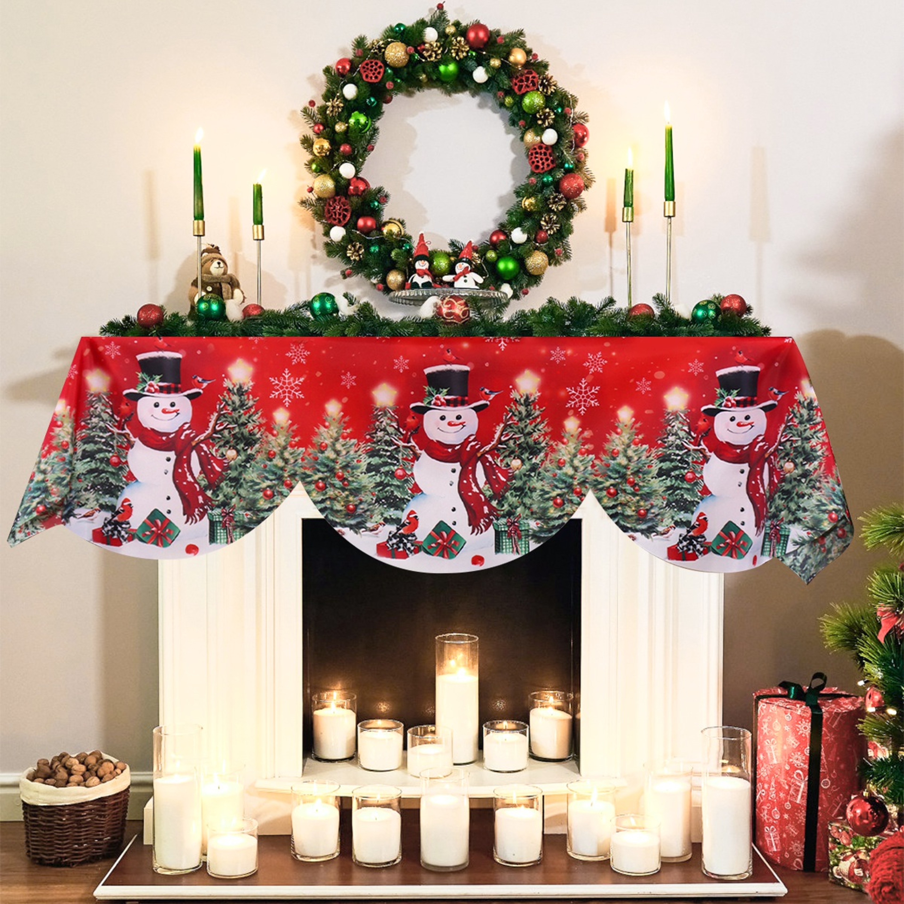 Red Christmas Fireplace Mantel Scarf, Table Cover Xmas Ornaments, Snowman Navidad Natal New Year Gifts for Home – view 4