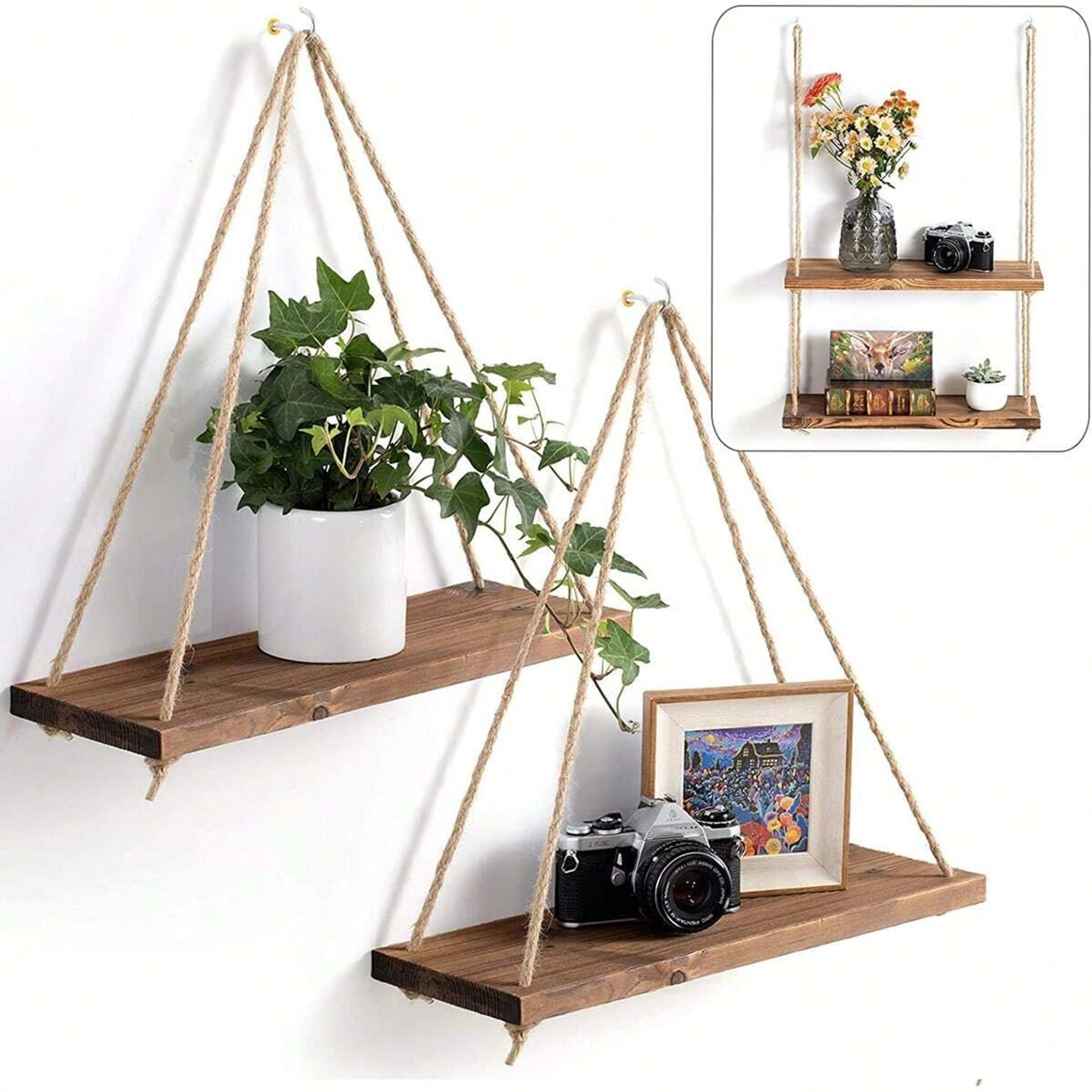Wooden Storage Rack, Wall Decoration, Hanging Rope Flower Pot Rack – view 1