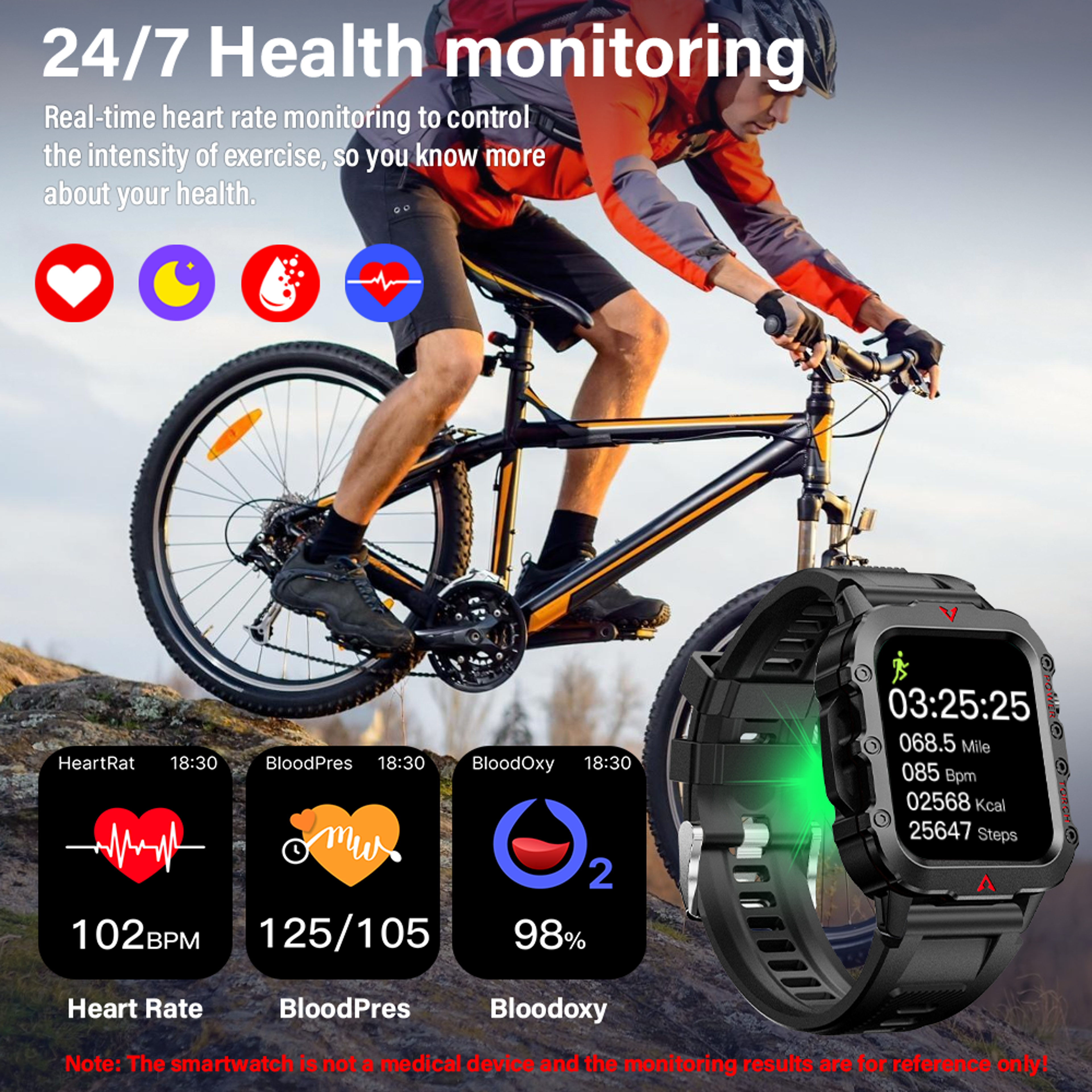 LED Flashlight Mens Smart Watch Health Monitoring Outdoor Sports Wristwatch 3