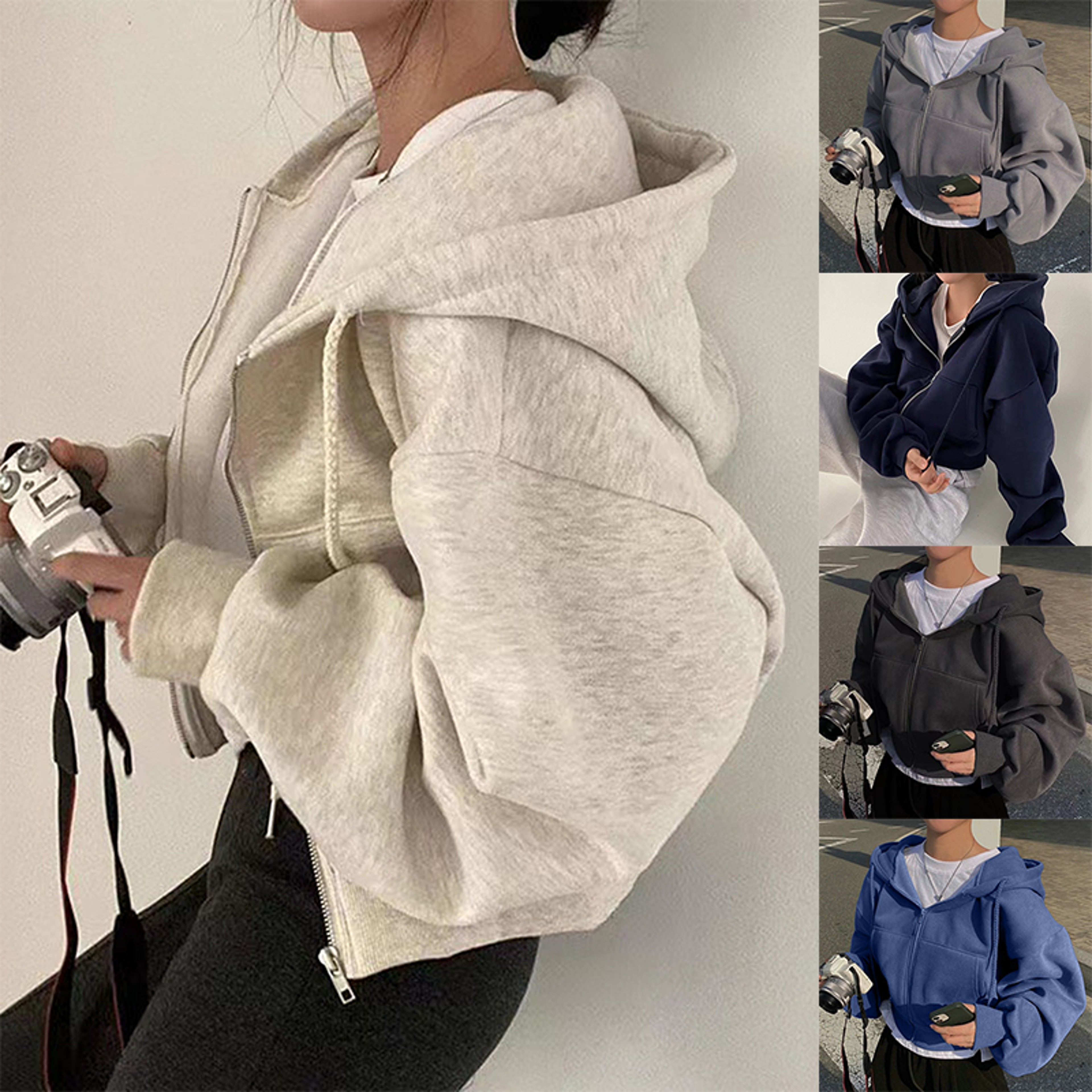 New Insfleecelined Zipup Warm Navy Blue Hooded Sweatshirt Women Versatile Cropped Slims Silhouette  0