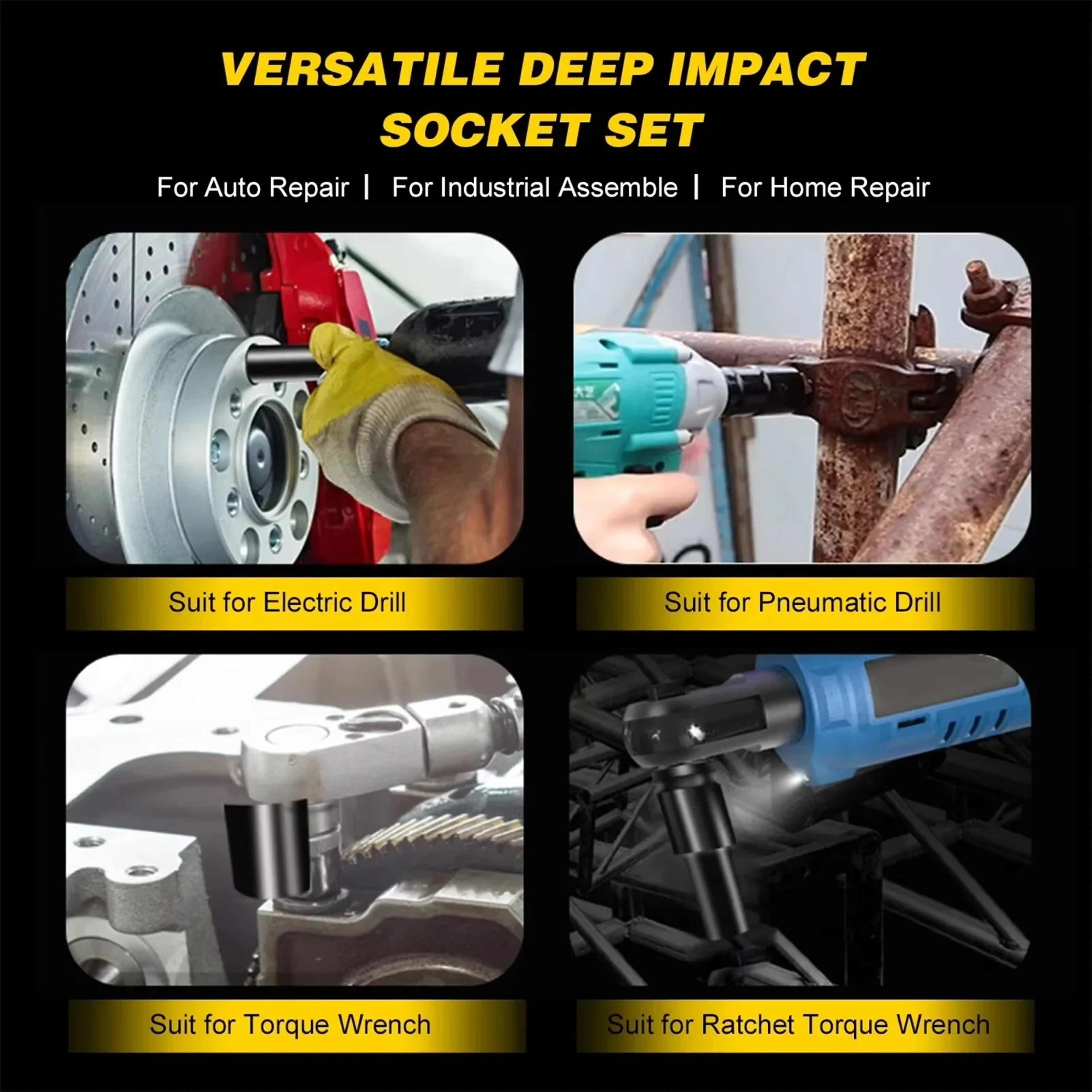 Impact Socket Set Universal Drive Metric Deep Socket Wrench Air Pneumatic Repair Tools Set 4