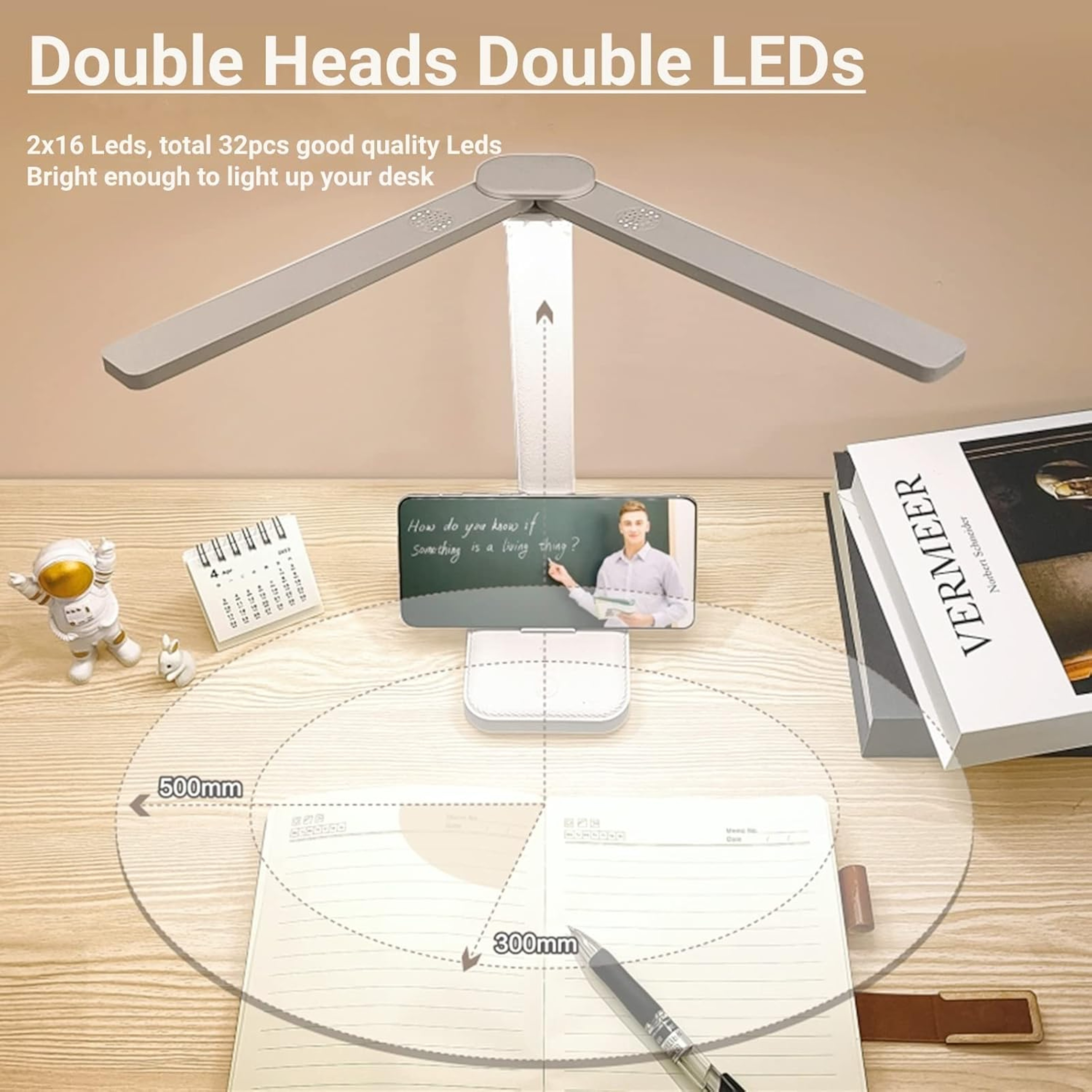 Foldable LED DoubleHead Desk Lamp USB Rechargeable Dimmable Touch Night Light EyeProtection Bedside 5