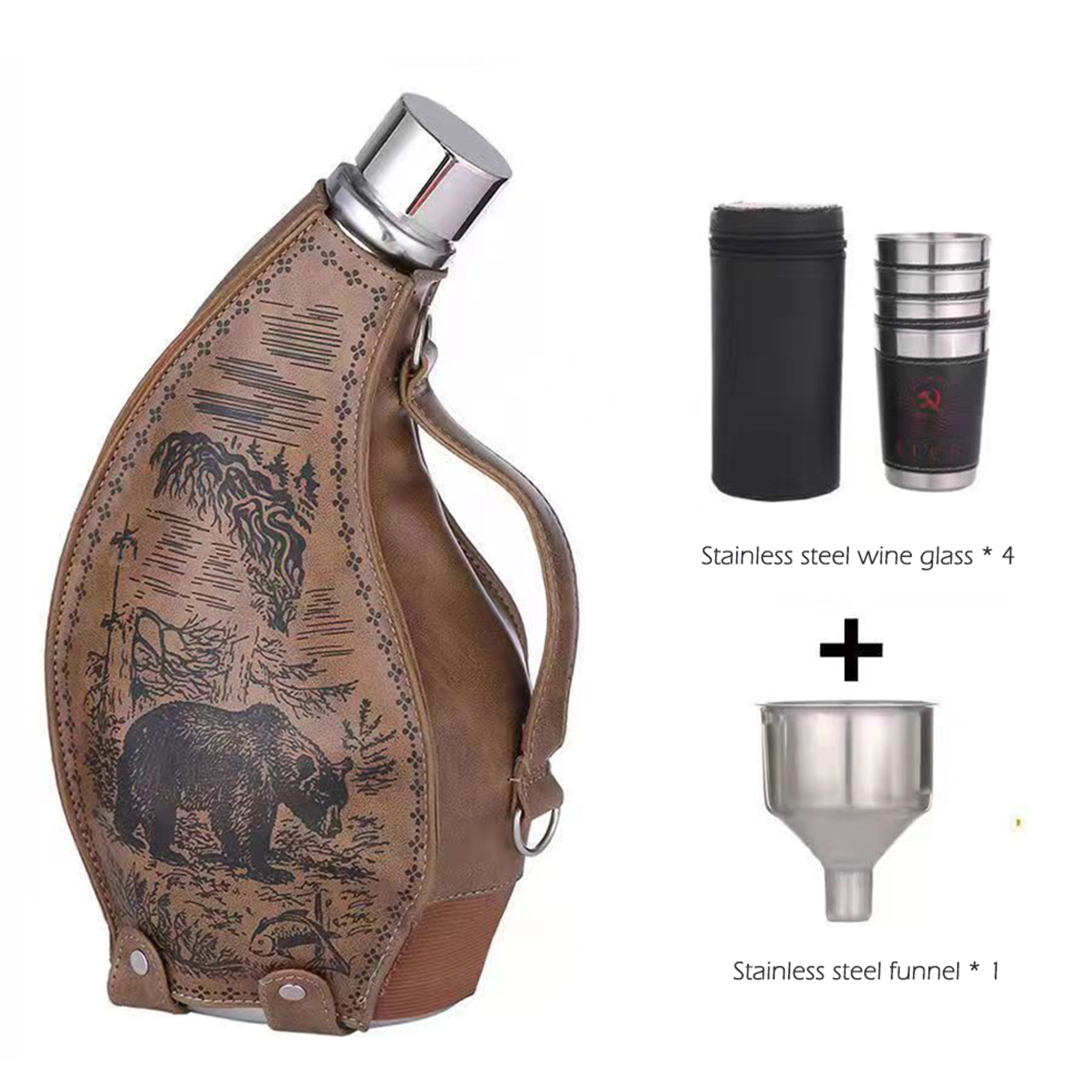 Leather Case Ox Horn Flagon With Funnel HighCapacity Stainless Steel Horn Hip Flask Western Cowboy  6