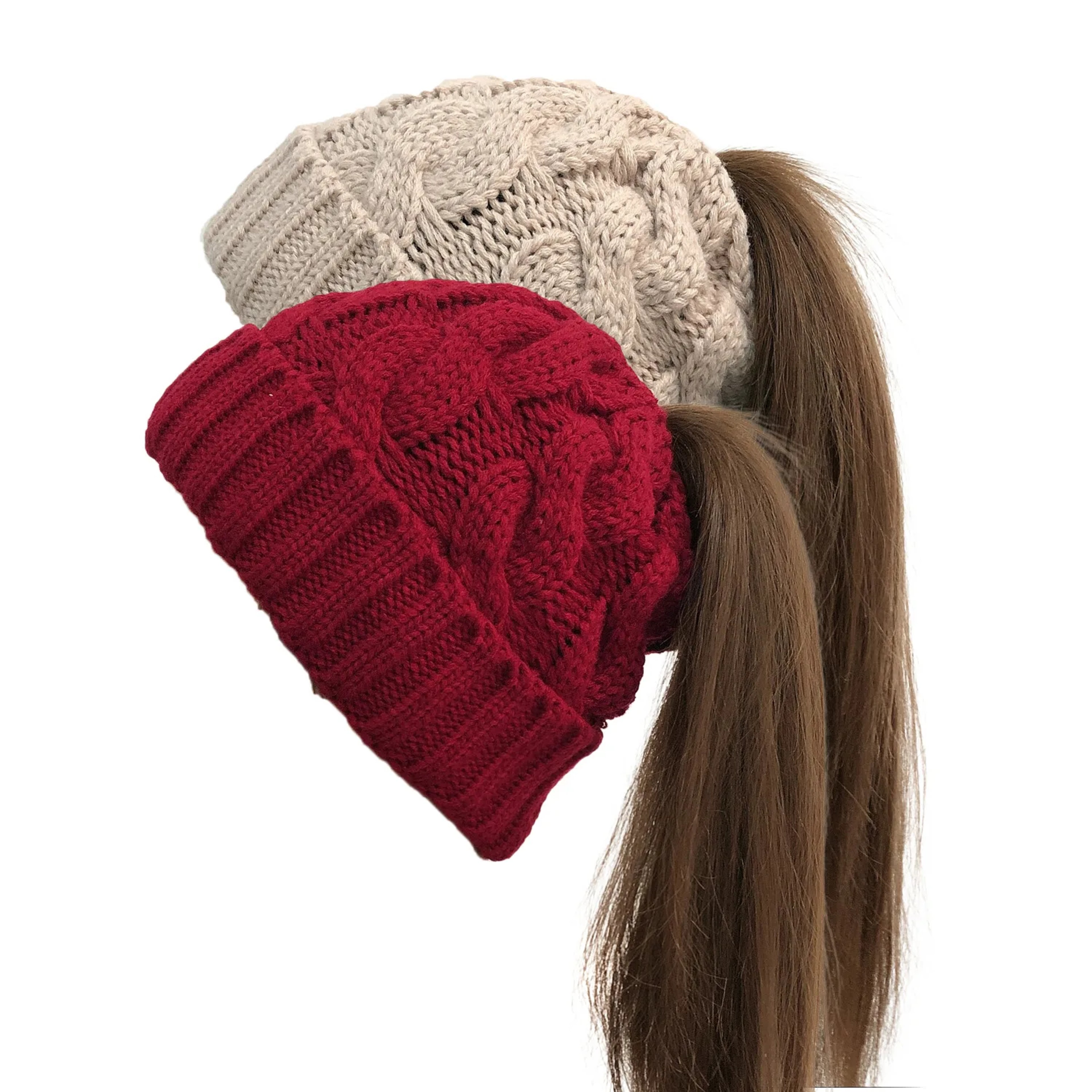 Women Winter Beanies Knitted, Girls Cap Twist Crochet Winter Hats, Female Pompom Beanie Ear Braid Ponytail Skullies Hat – view 3