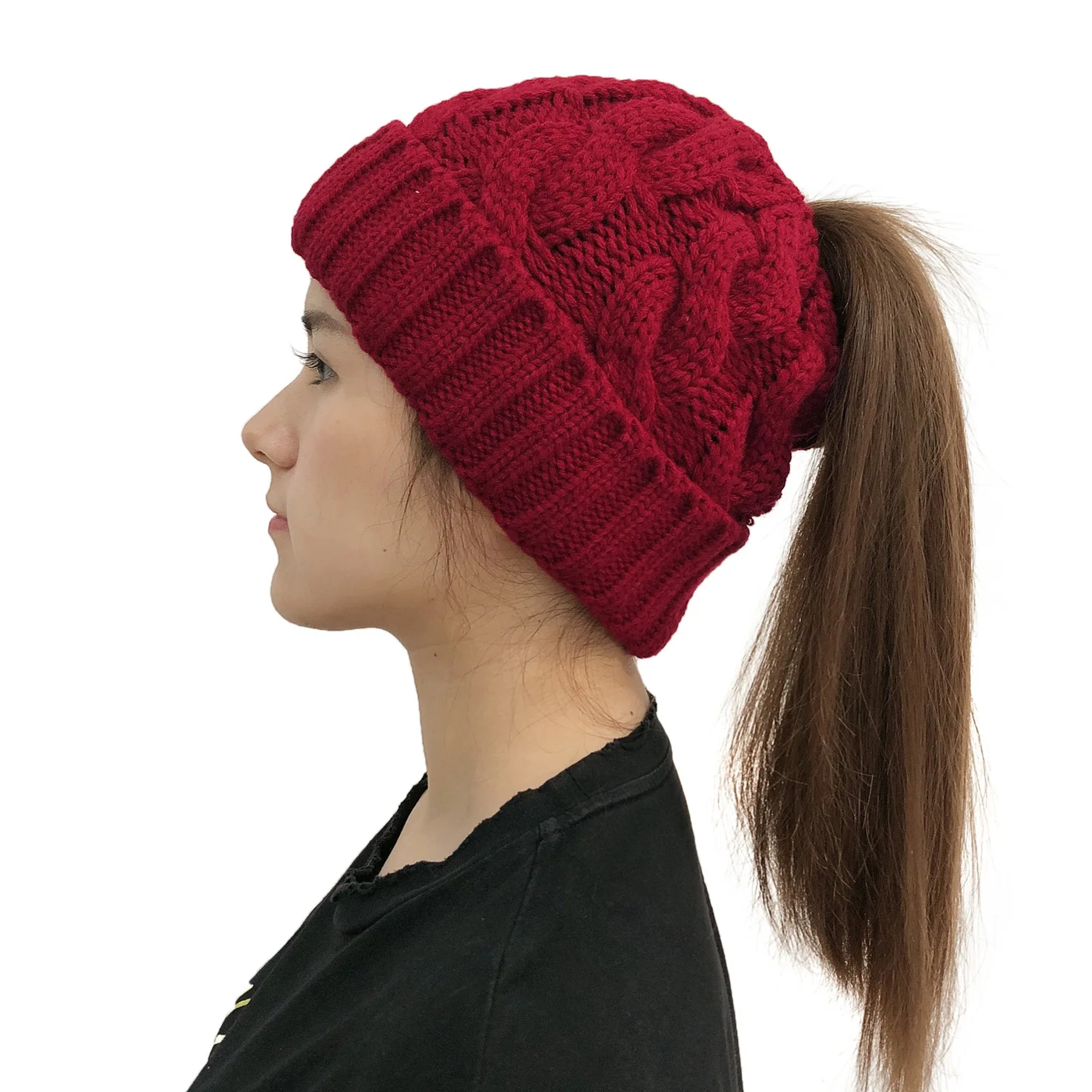Women Winter Beanies Knitted, Girls Cap Twist Crochet Winter Hats, Female Pompom Beanie Ear Braid Ponytail Skullies Hat – view 5