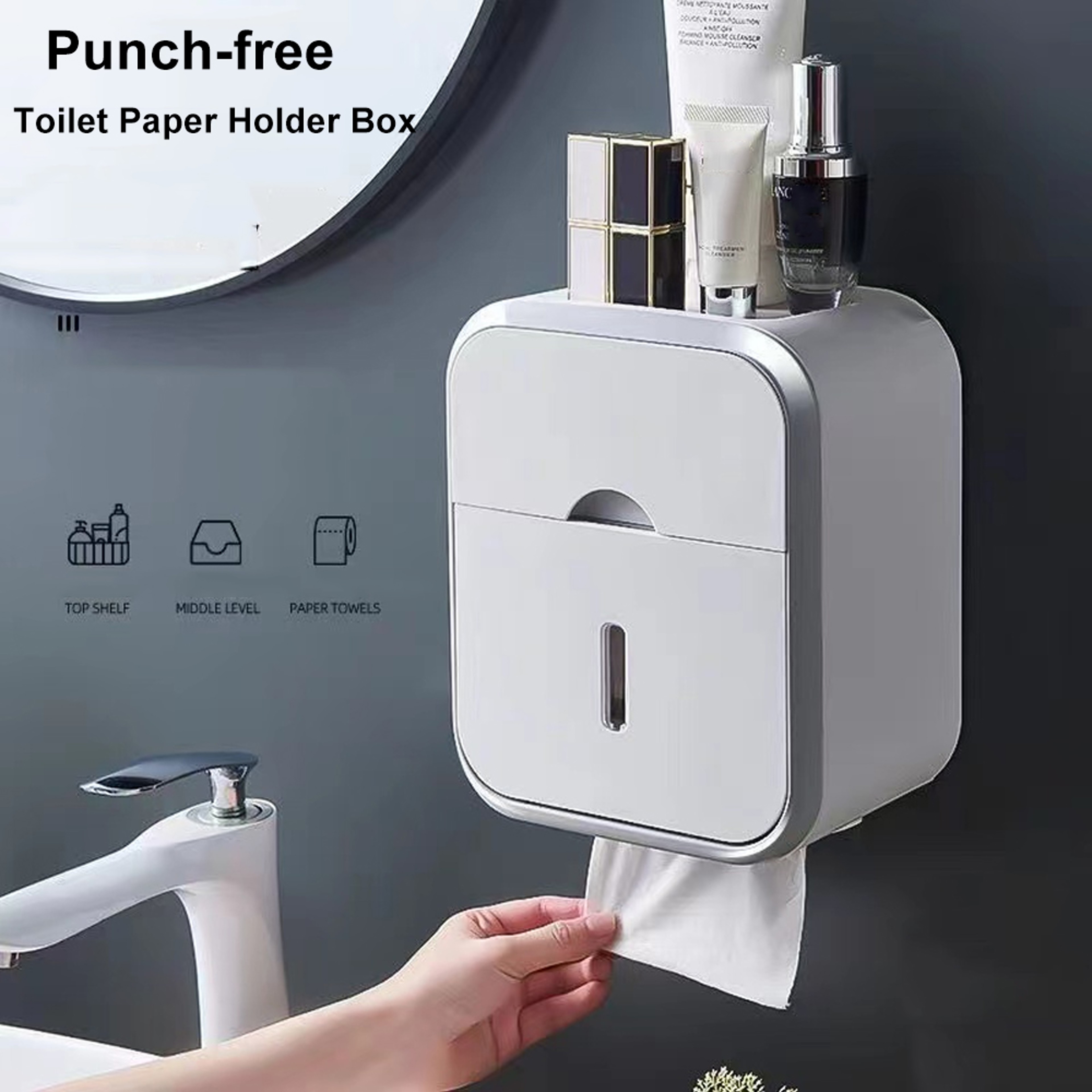 Waterproof High Capacity Storage Box Toilet Paper Organizer Punchfree Wall Mounted Roll Paper For B 1
