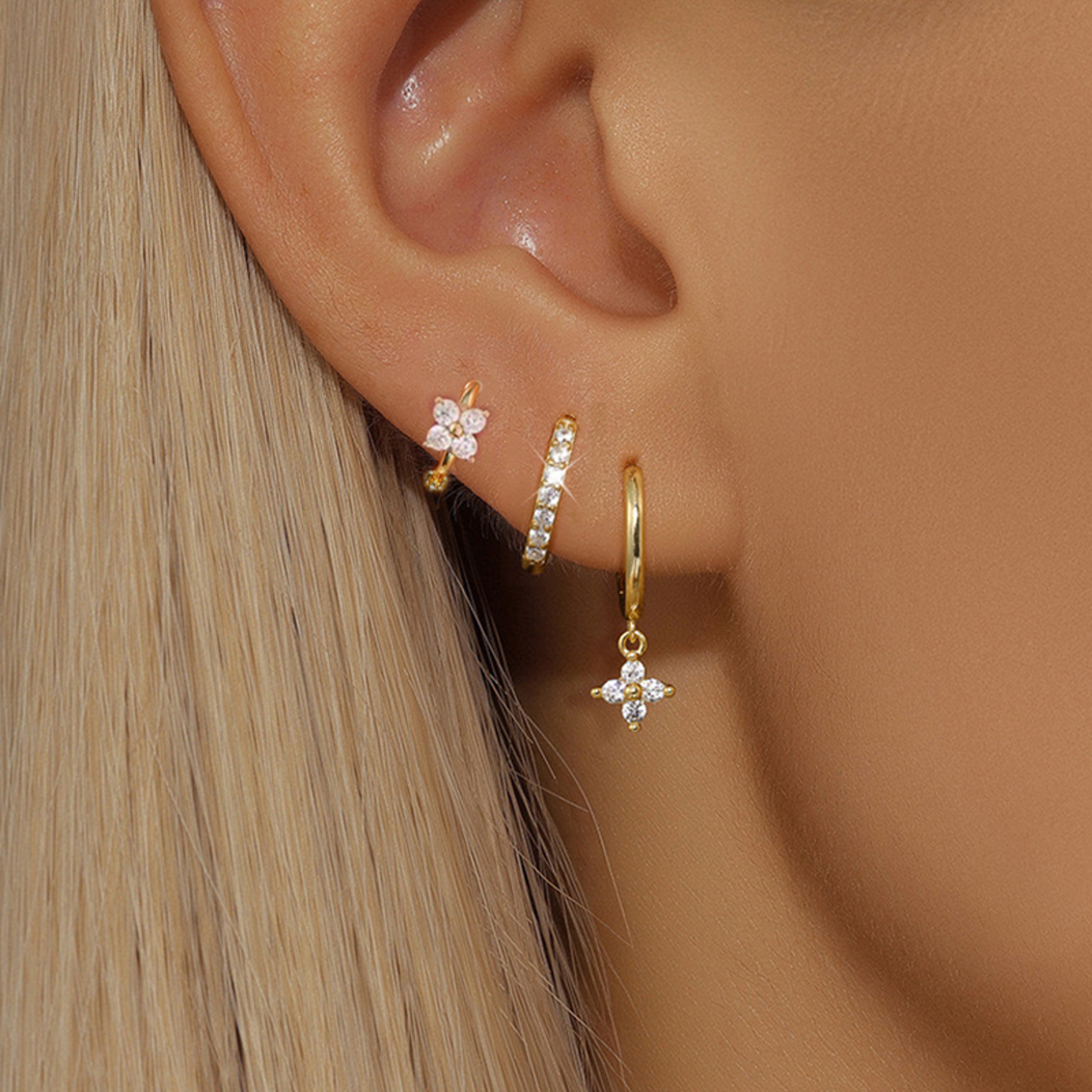 Three PCS Stainless Steel Flower Drop Earring Set Cubic Zirconia Dangle Jewelry – view 1