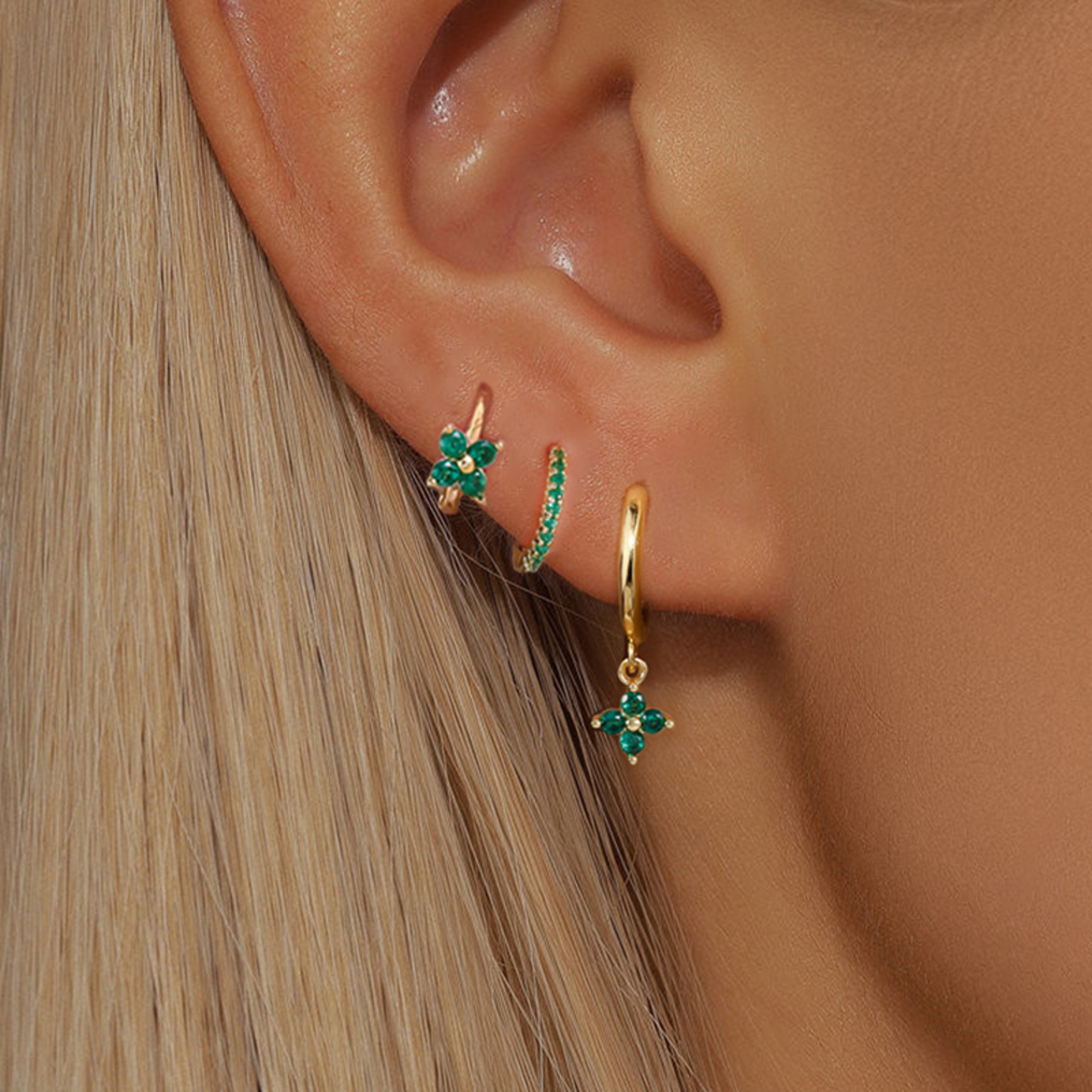 Three PCS Stainless Steel Flower Drop Earring Set Cubic Zirconia Dangle Jewelry – view 2