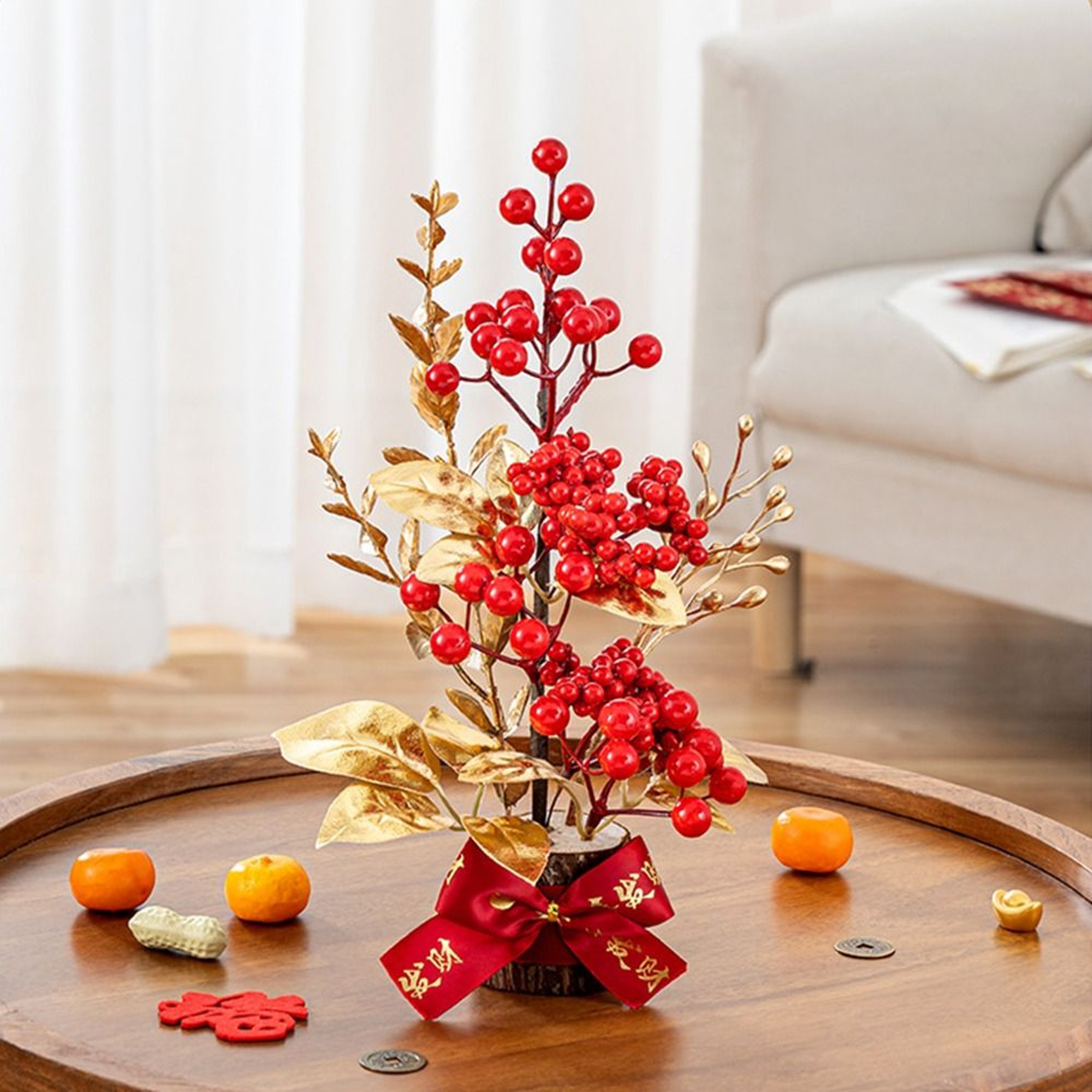 Red Berry Branch Tabletop Decorative Pot Artificial Flowers Plant Accent For Home And Festive Event 1