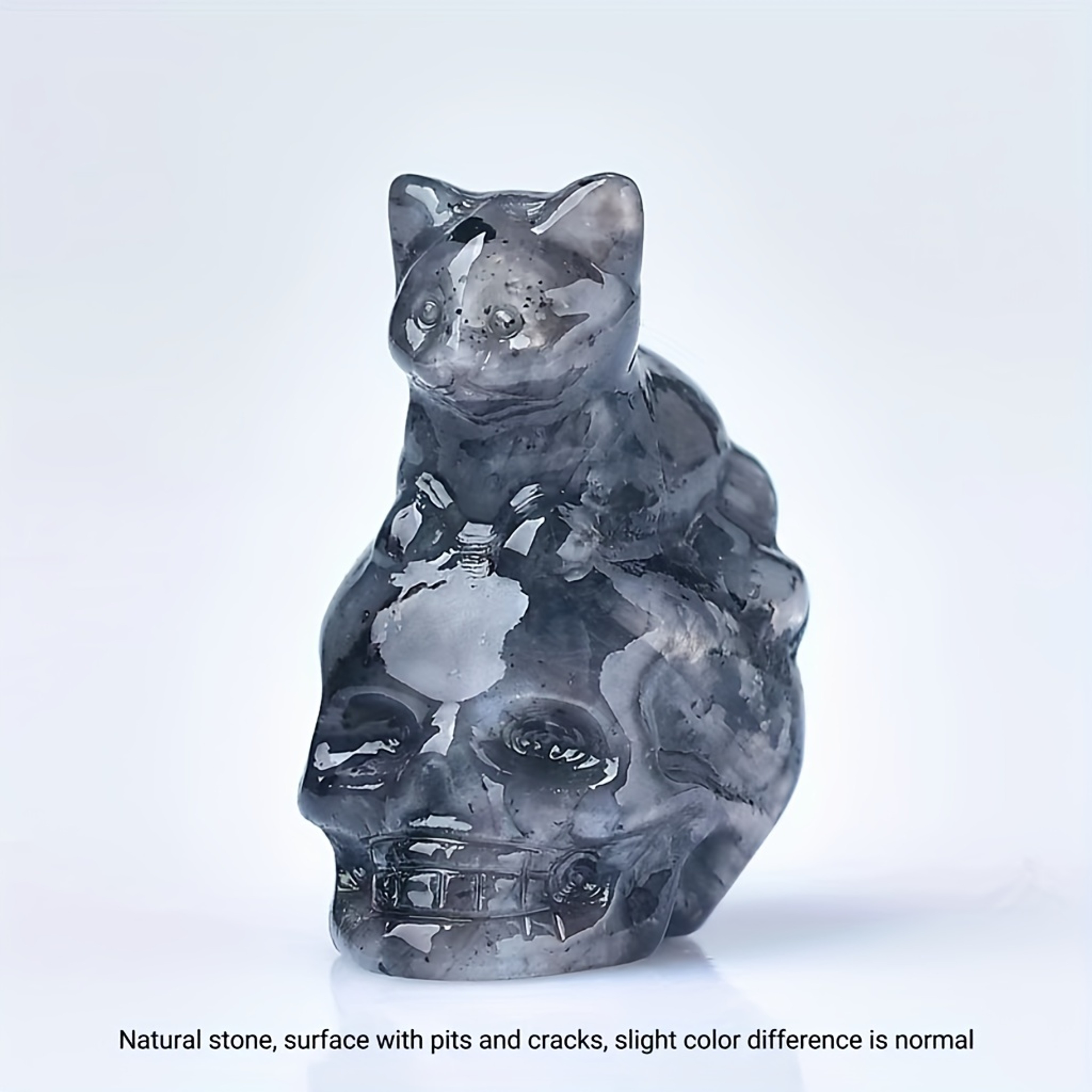 Hand Carved Natural Crystal Skull Cat Figurine Halloween Decor 10