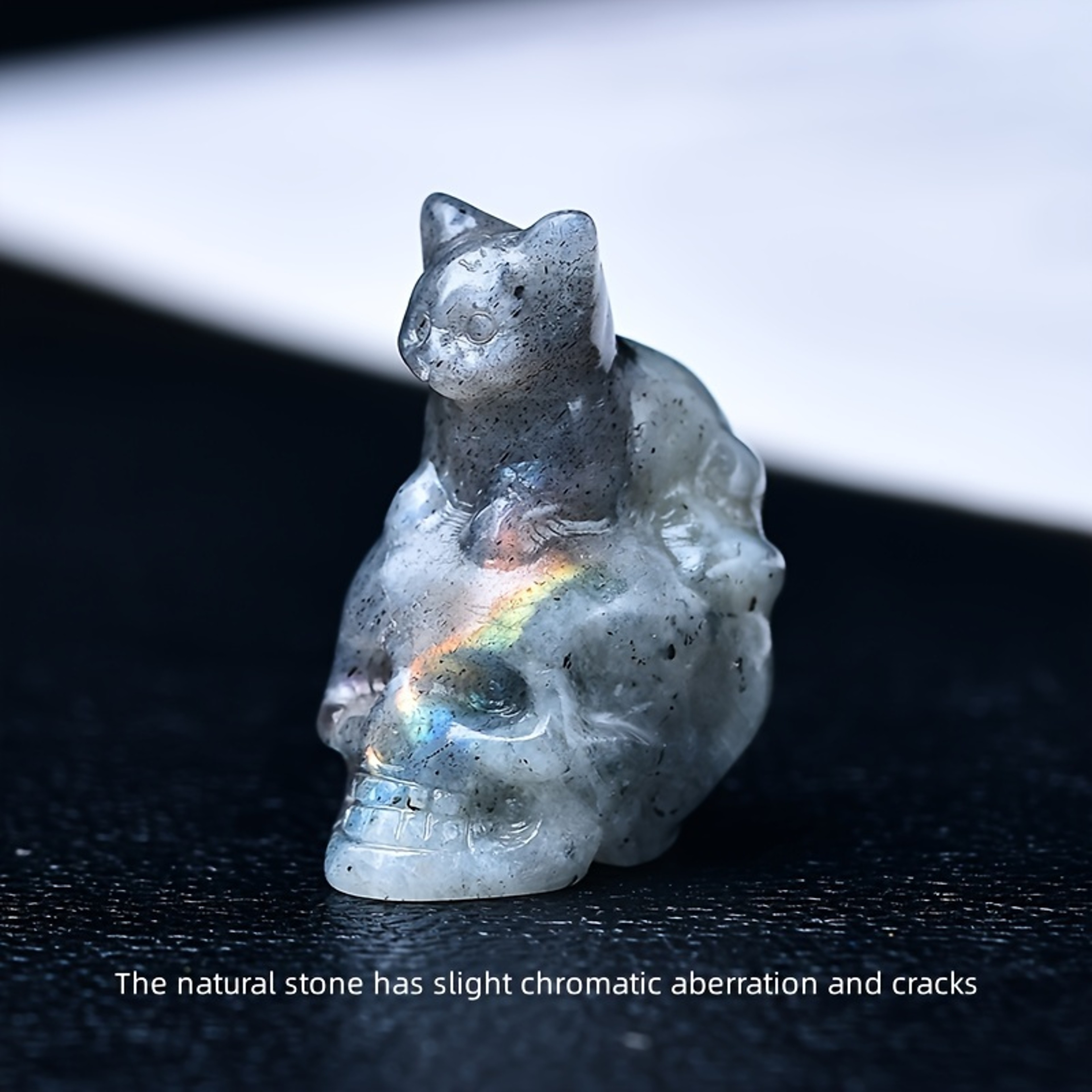 Hand Carved Natural Crystal Skull Cat Figurine Halloween Decor 5