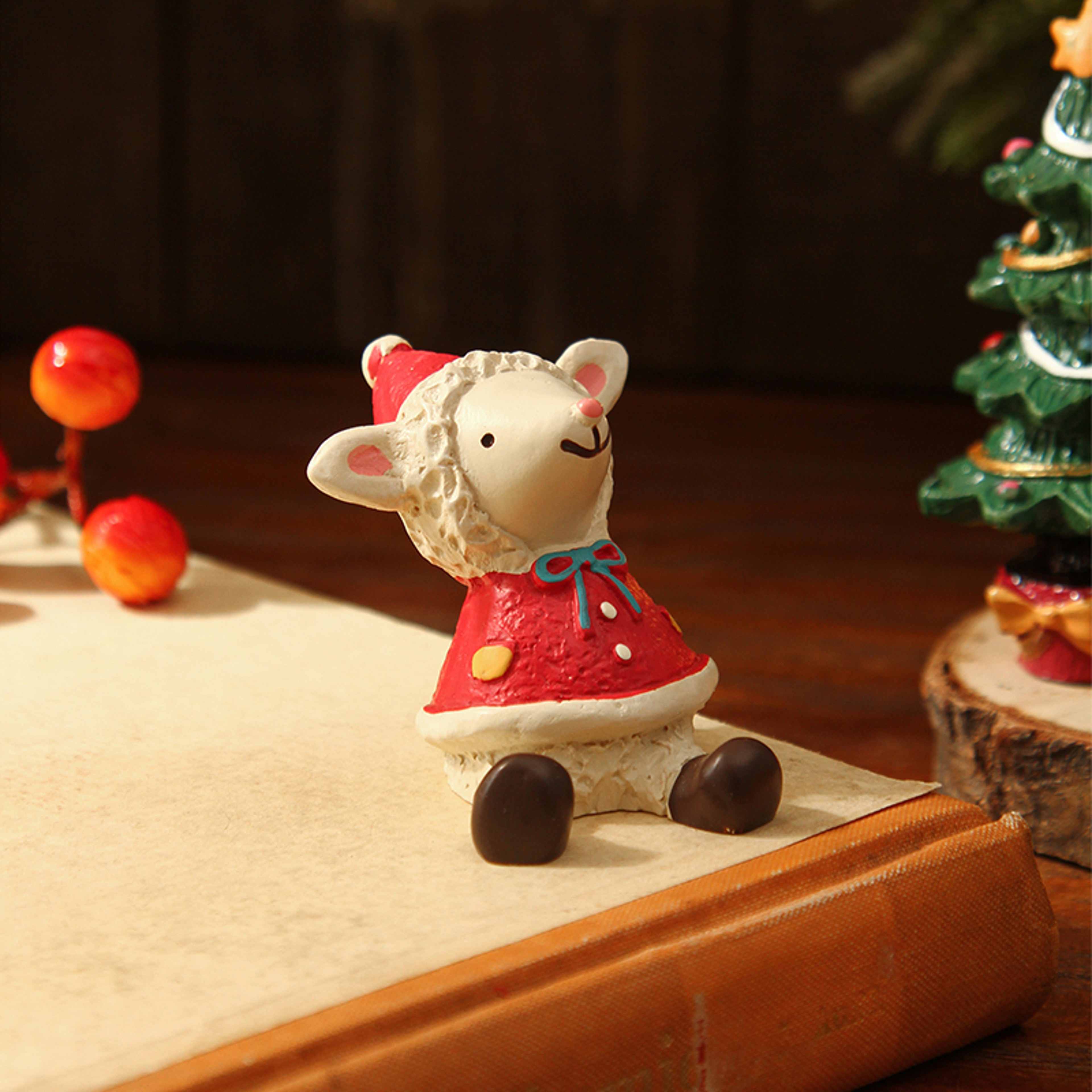 Two Piece Christmas Lambs and Tree Figurine Set Resin Holiday Home Decor – view 4