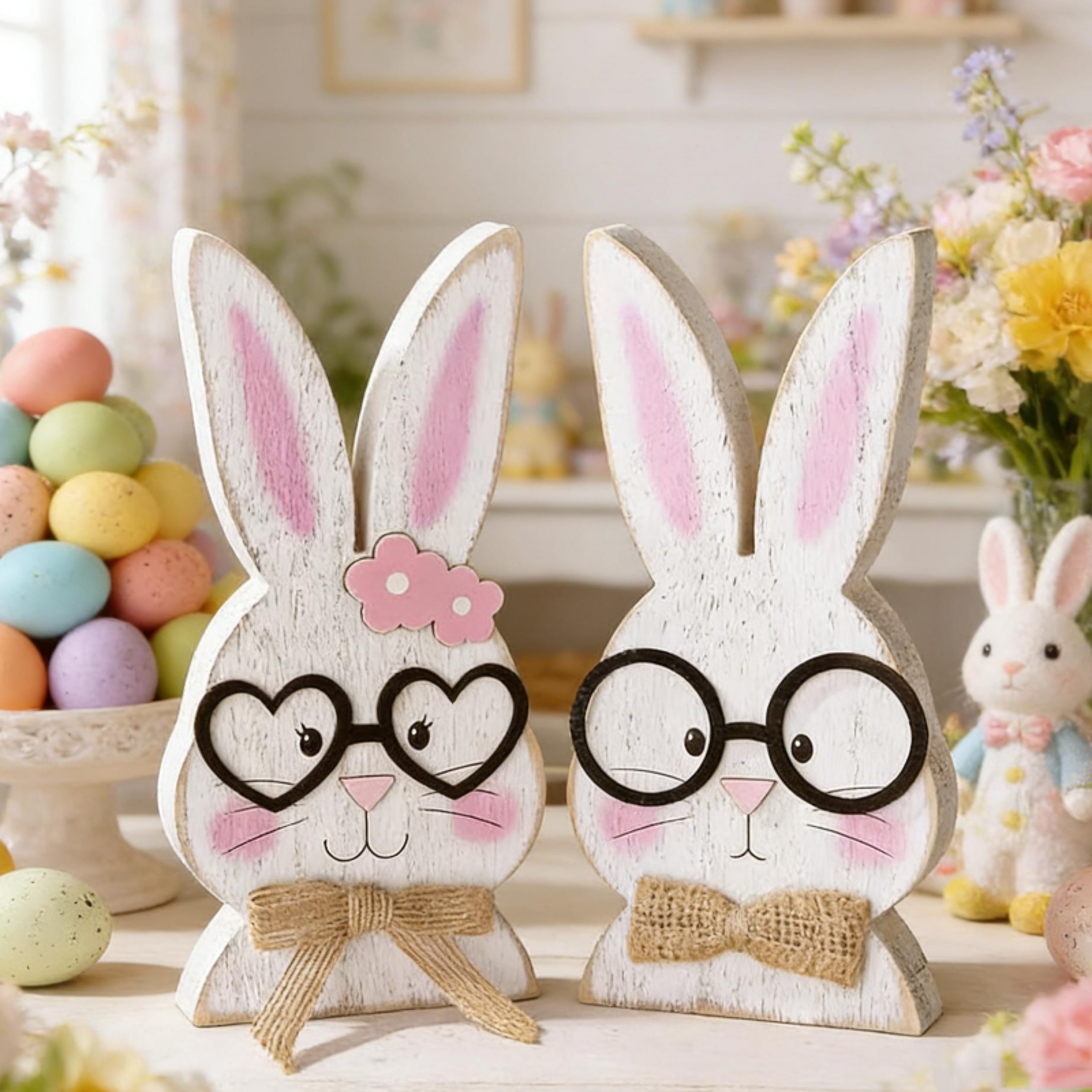 Two Piece Rabbit Shaped Wooden Ornaments Glasses Wearing Couple Easter Decor – view 1