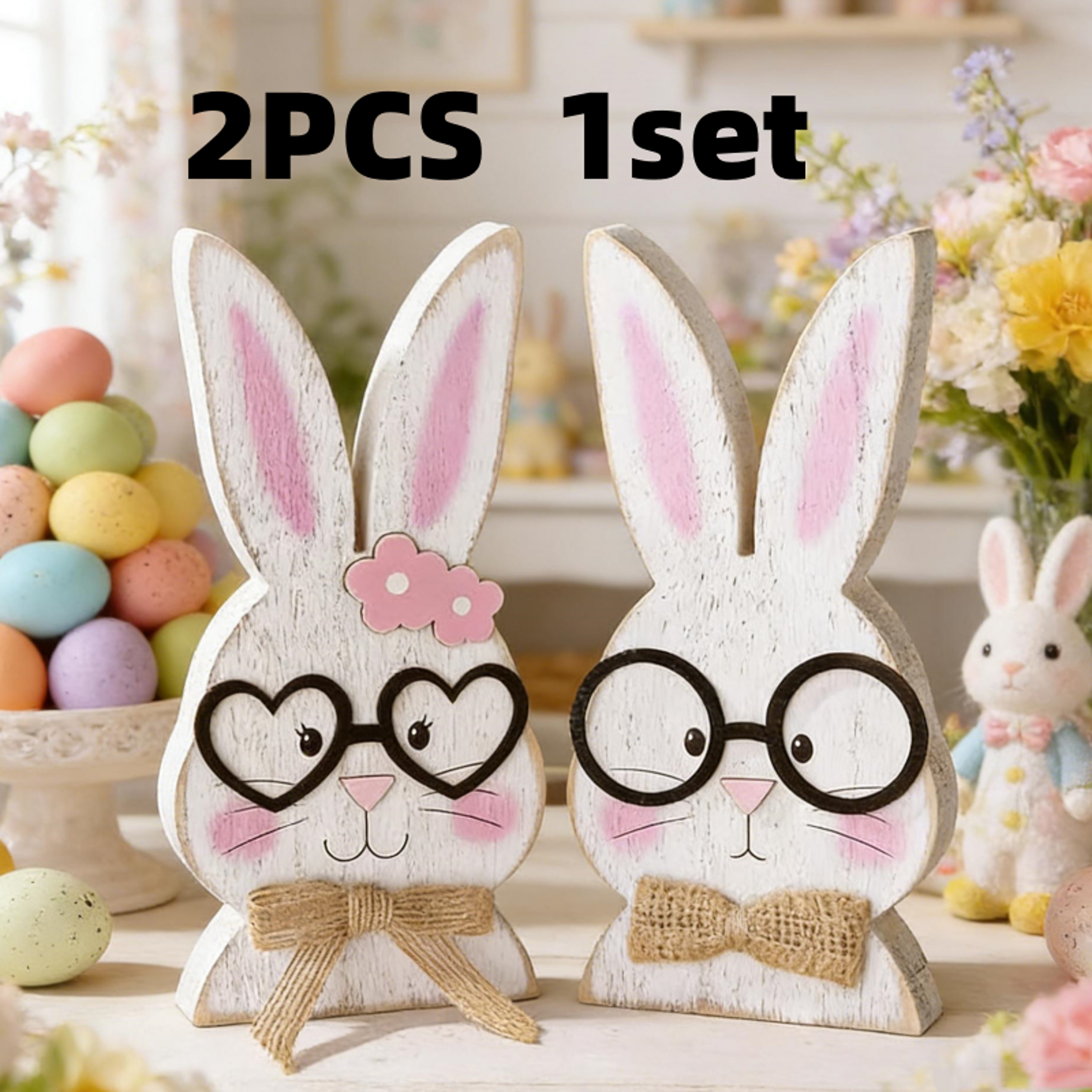 Two Piece Rabbit Shaped Wooden Ornaments Glasses Wearing Couple Easter Decor – view 7