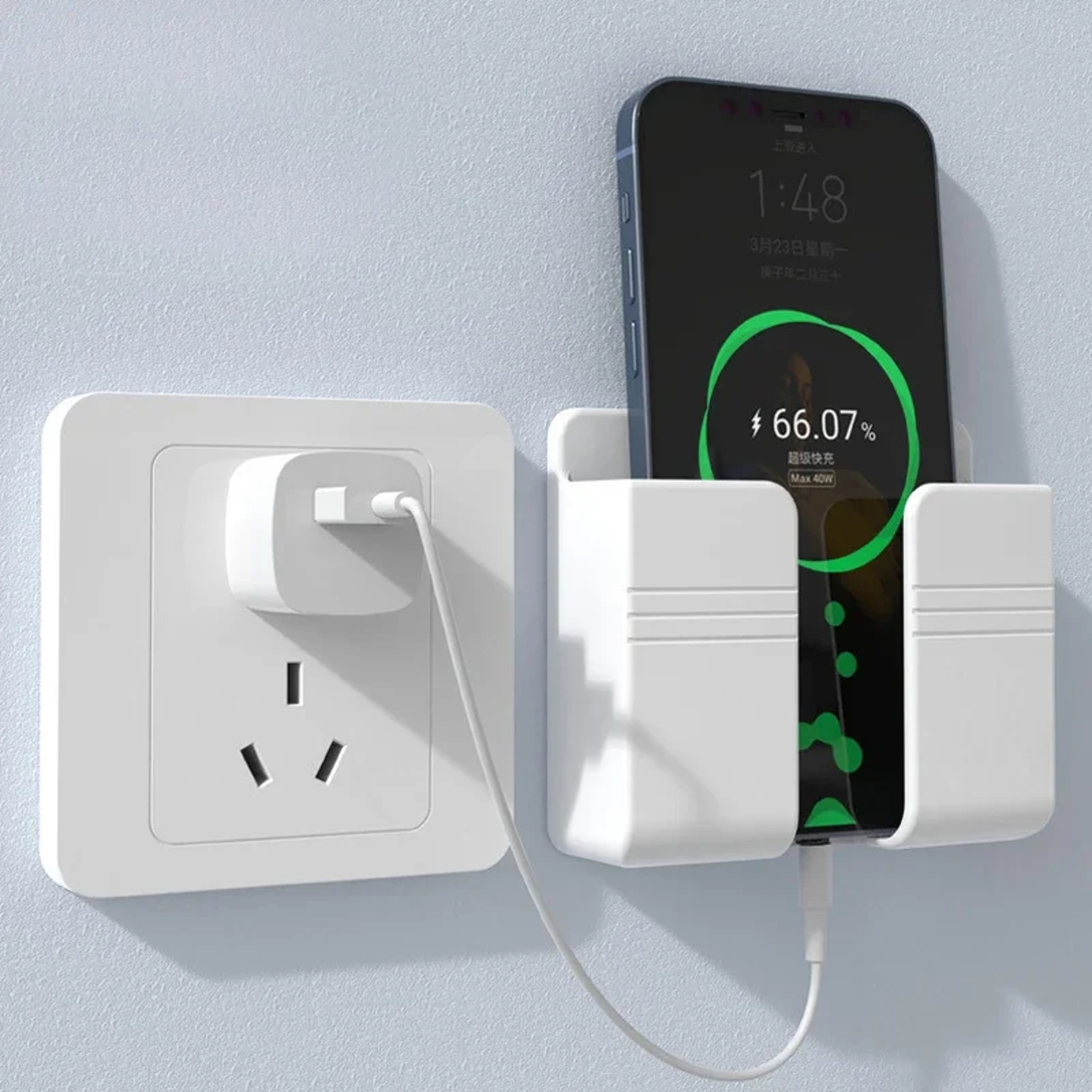 Adhesive Wall Mount Phone Holder for Charging and Remote Control Storage – view 1