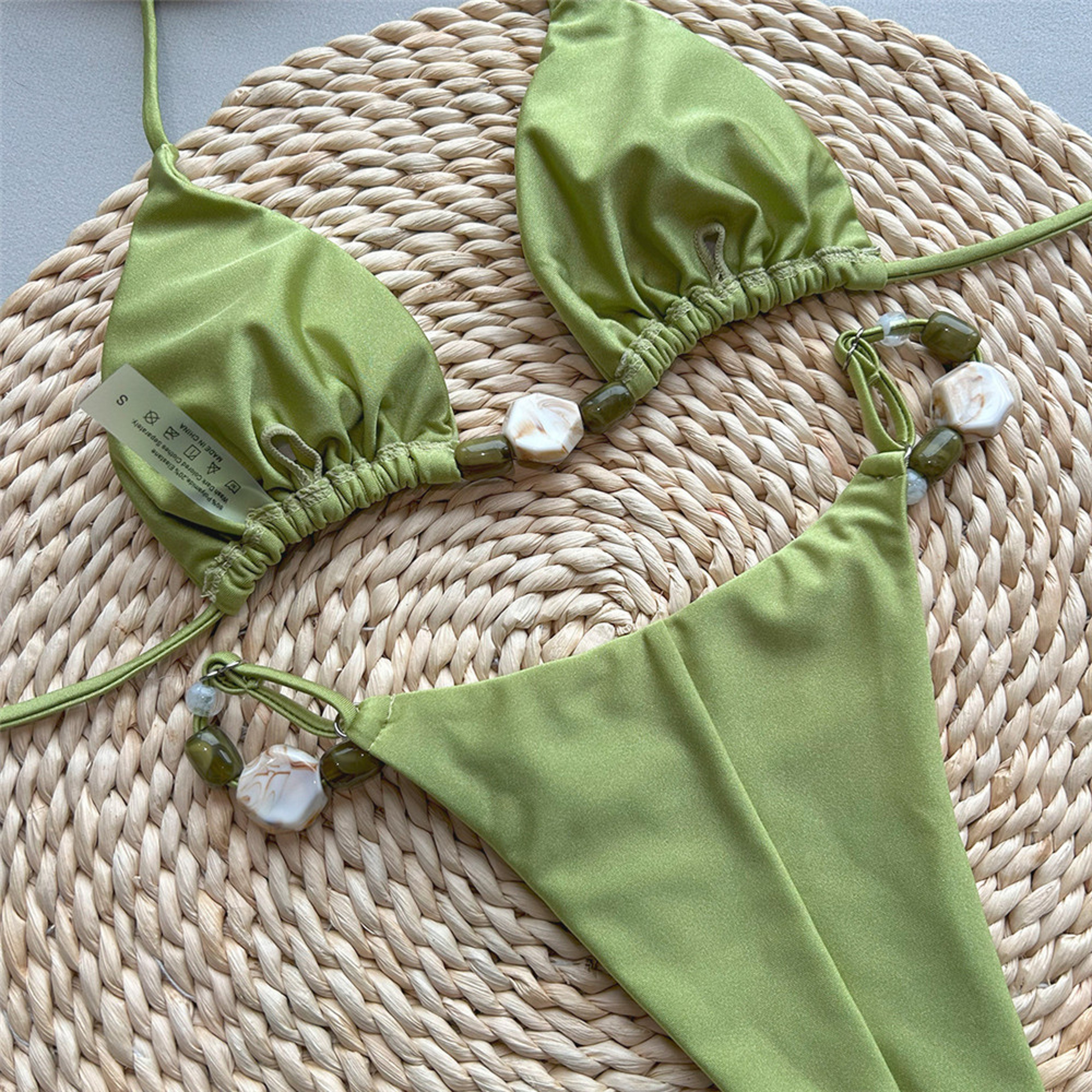 Womens Green Halter Triangle Bikini Set Beaded String Brazilian Thong Swimsuit – view 4