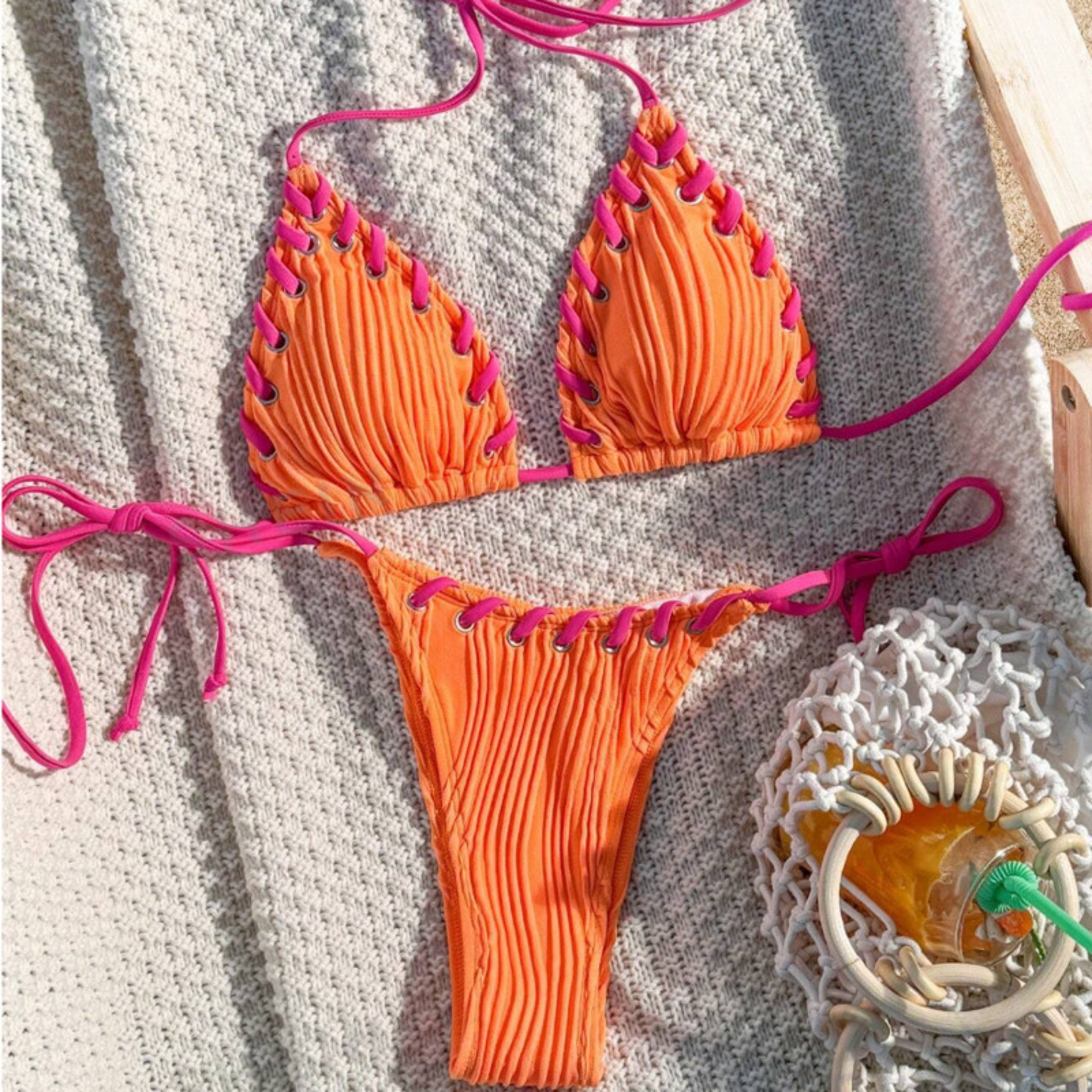 Womens Brazilian Bikini Set Two Piece Low Waist Triangle Swimsuit with Lace Up Details – view 3